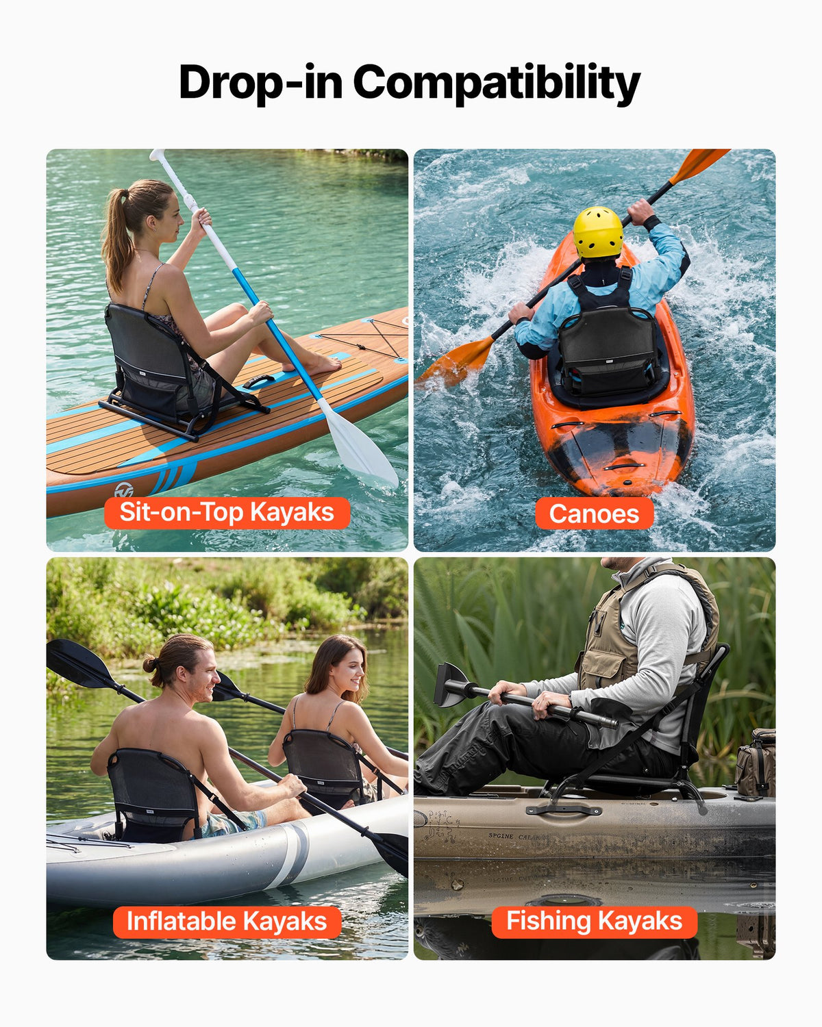 VEVOR Kayak Seat, 1 Pack 1.3" Raised Height, Universal Foldable Canoe Seat with Adjustable Back Support, Adjustable Straps, and Aluminum Alloy Frame for Sit-on-Top/Fishing/Inflatable Kayaks & Canoes