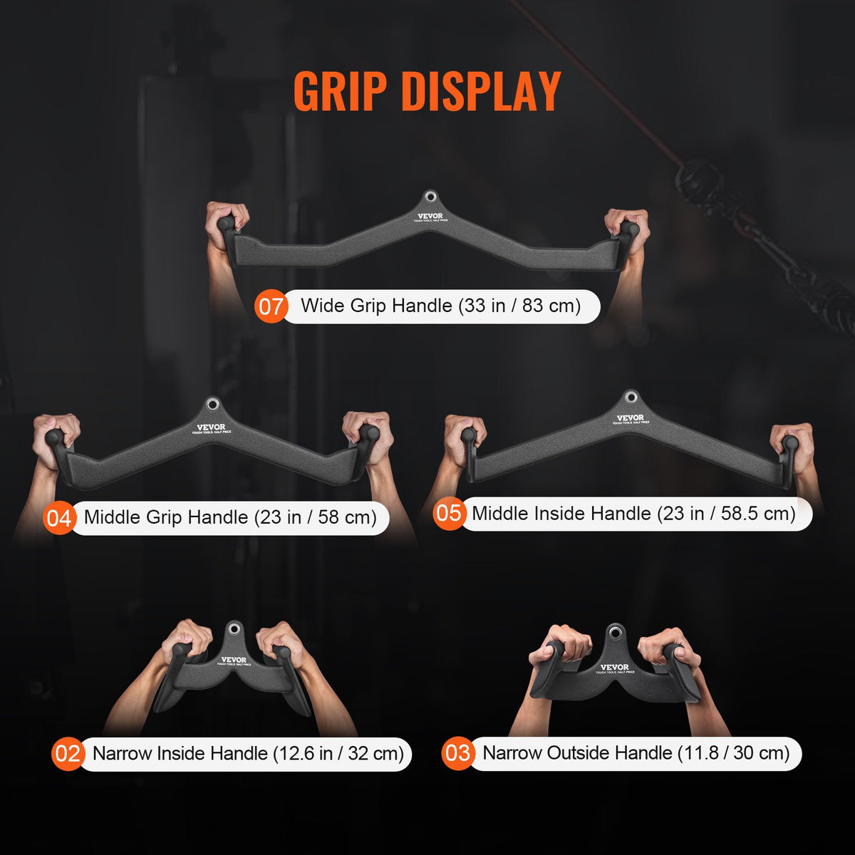 VEVOR LAT Pulldown Attachments, Cable Machine Rowing T-bar V-bar 5 Set, Tricep Pull Down Bar, Back Strength Training Rubber Coated Handle Grip, Bicep Curl Tricep Lat Pulldown Bar for Home Gym Fitness