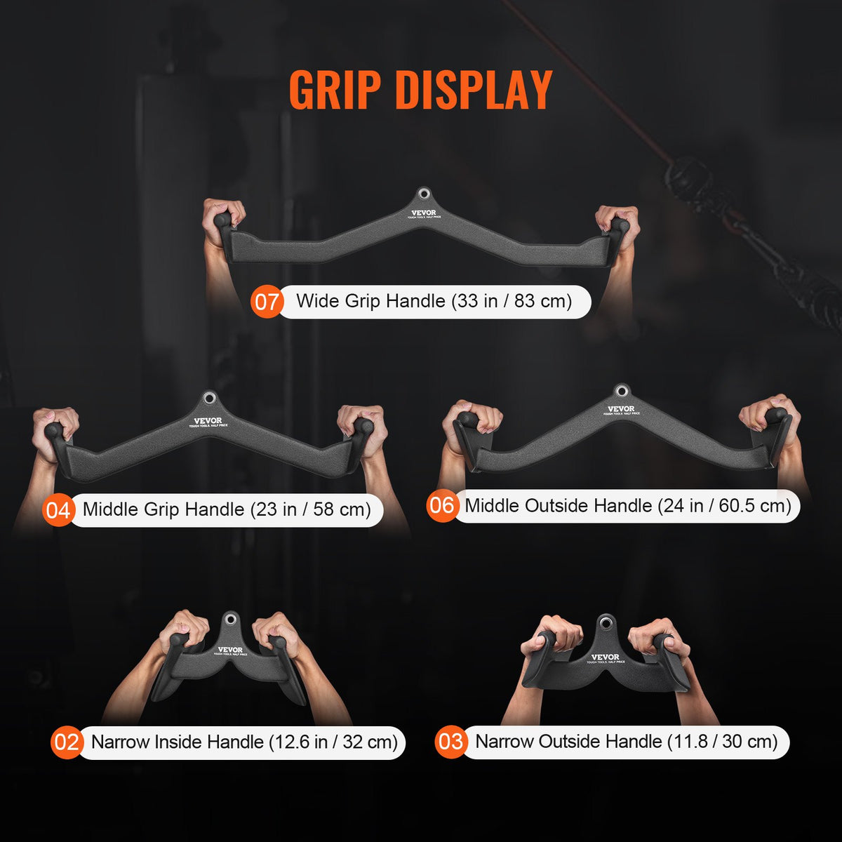 VEVOR LAT Pulldown Attachments, Cable Machine Rowing T-bar V-bar 5 Set, Tricep Pull Down Bar, Back Strength Training Rubber Coated Handle Grip, Bicep Curl Tricep Lat Pulldown Bar for Home Gym Fitness