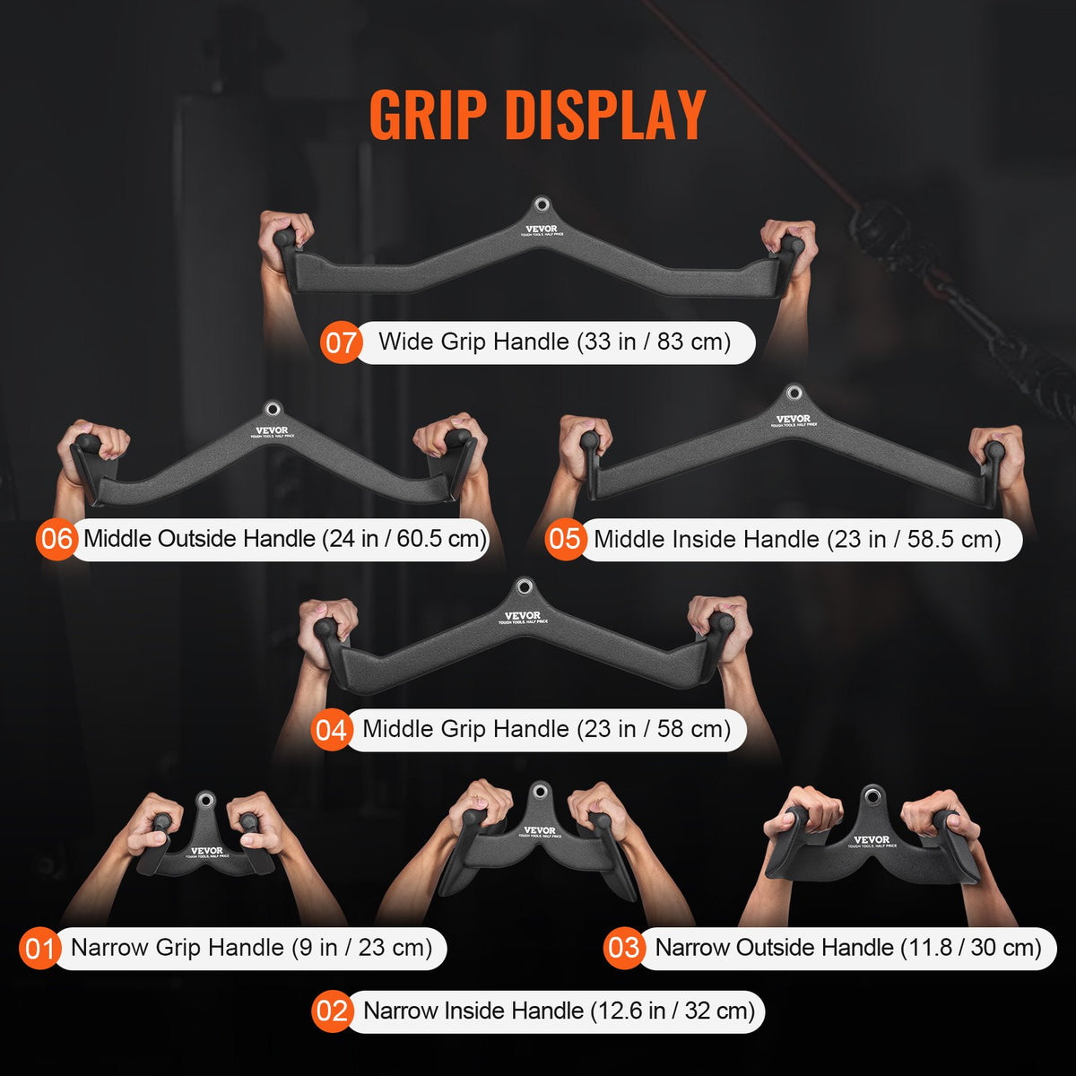 VEVOR LAT Pulldown Attachments, Cable Machine Rowing T-bar V-bar 7 Set, Tricep Pull Down Bar, Back Strength Training Rubber Coated Handle Grip, Bicep Curl Tricep Lat Pulldown Bar for Home Gym Fitness