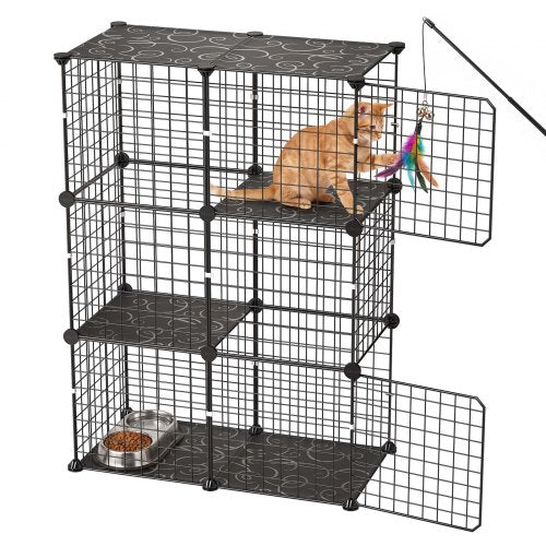 VEVOR Cat Cage 3-Tier 71.1x35.5x104.1 cm DIY Cat Playpen Indoor Enclosure, Detachable Metal Wire Kennel Crate, Large Exercise Place Ideal for 1-2 Cats, Kittens, Rabbits, Ferrets & Small Animals, Black