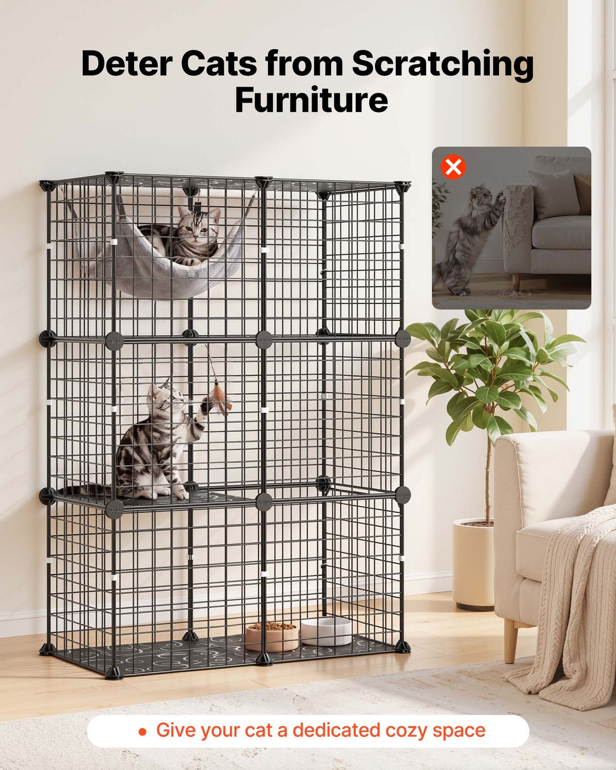VEVOR Cat Cage 3-Tier 71.1x35.5x104.1 cm DIY Cat Playpen Indoor Enclosure, Detachable Metal Wire Kennel Crate, Large Exercise Place Ideal for 1-2 Cats, Kittens, Rabbits, Ferrets & Small Animals, Black