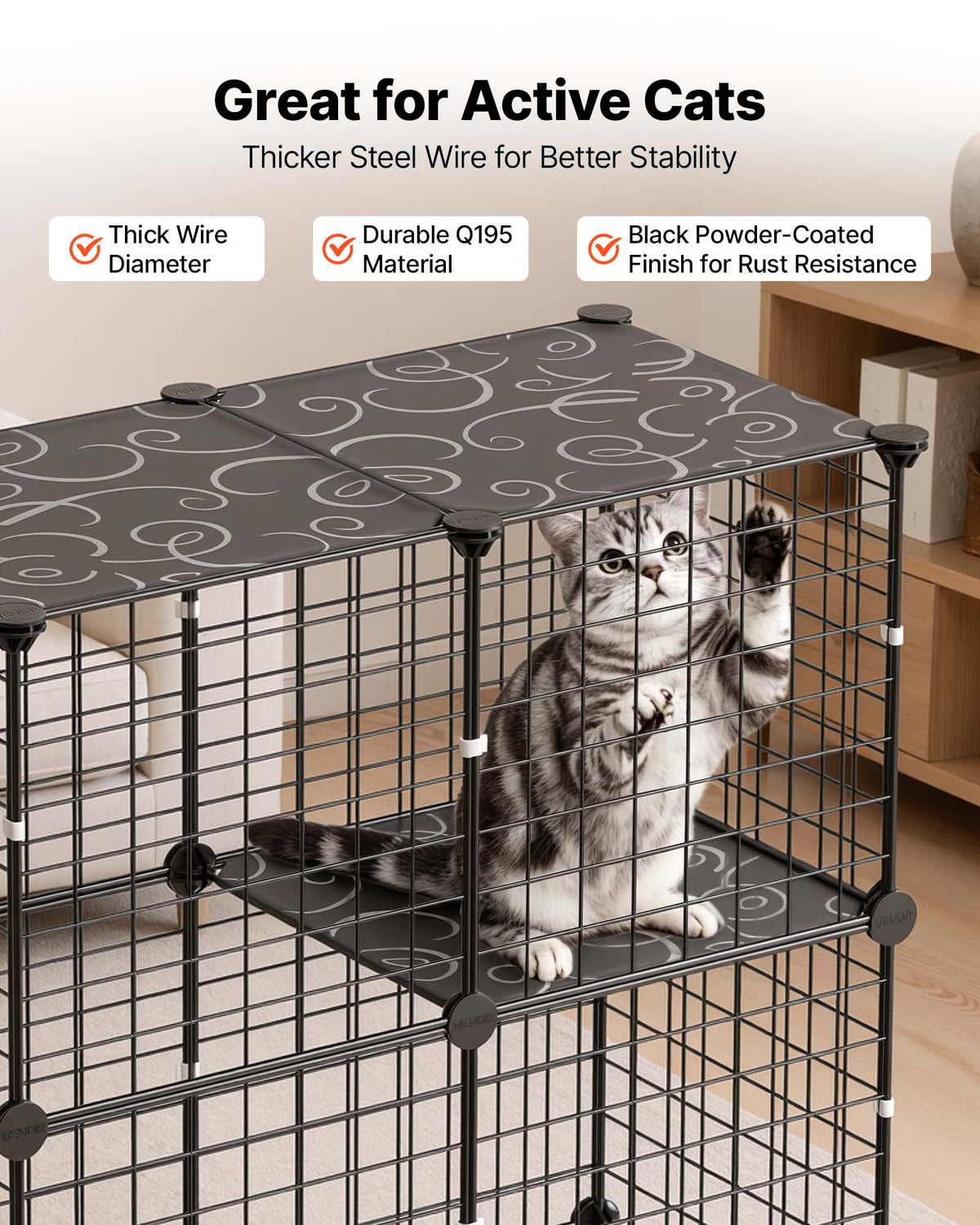 VEVOR Cat Cage 3-Tier 71.1x35.5x104.1 cm DIY Cat Playpen Indoor Enclosure, Detachable Metal Wire Kennel Crate, Large Exercise Place Ideal for 1-2 Cats, Kittens, Rabbits, Ferrets & Small Animals, Black
