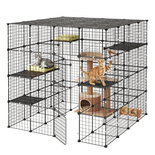 VEVOR Cat Cage 4-Tier 139.7x139.7x139.7 cm DIY Cat Playpen Indoor Enclosure, Detachable Metal Wire Kennel Crate with 3 Doors, Large Exercise Place Ideal for 2-3 Cats, Kittens and Small Animals, Black