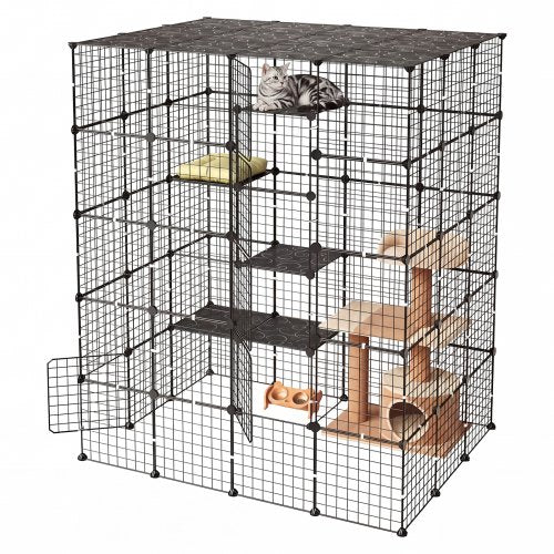 VEVOR Cat Cage 5-Tier 139.7x104.1x175.2 cm DIY Cat Playpen Indoor Enclosure, Detachable Metal Wire Kennel Crate with 5 Doors, Large Exercise Place Ideal for 2-3 Cats, Kittens and Small Animals, Black