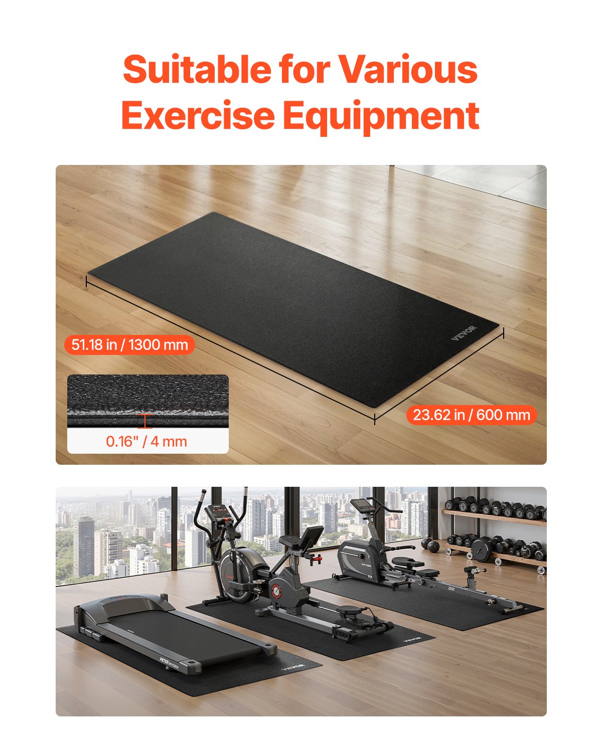 VEVOR Treadmill Mat for Carpet Floor, 600 x 1300 x 4 mm Exercise Equipment Mat for Elliptical and Walking Pad, High Density PVC Floor Protector, Waterproof and Non-slip for Home Gym