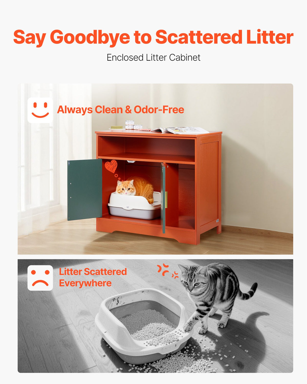 VEVOR Cat Litter Box Enclosure, 79.2 cm Hidden Litter Box Cabinet with Shelf & Storage, Modern Style Indoor Cat Washroom, Wooden Kitty House Furniture End Table, Fit Most Litterboxes, Red & Green