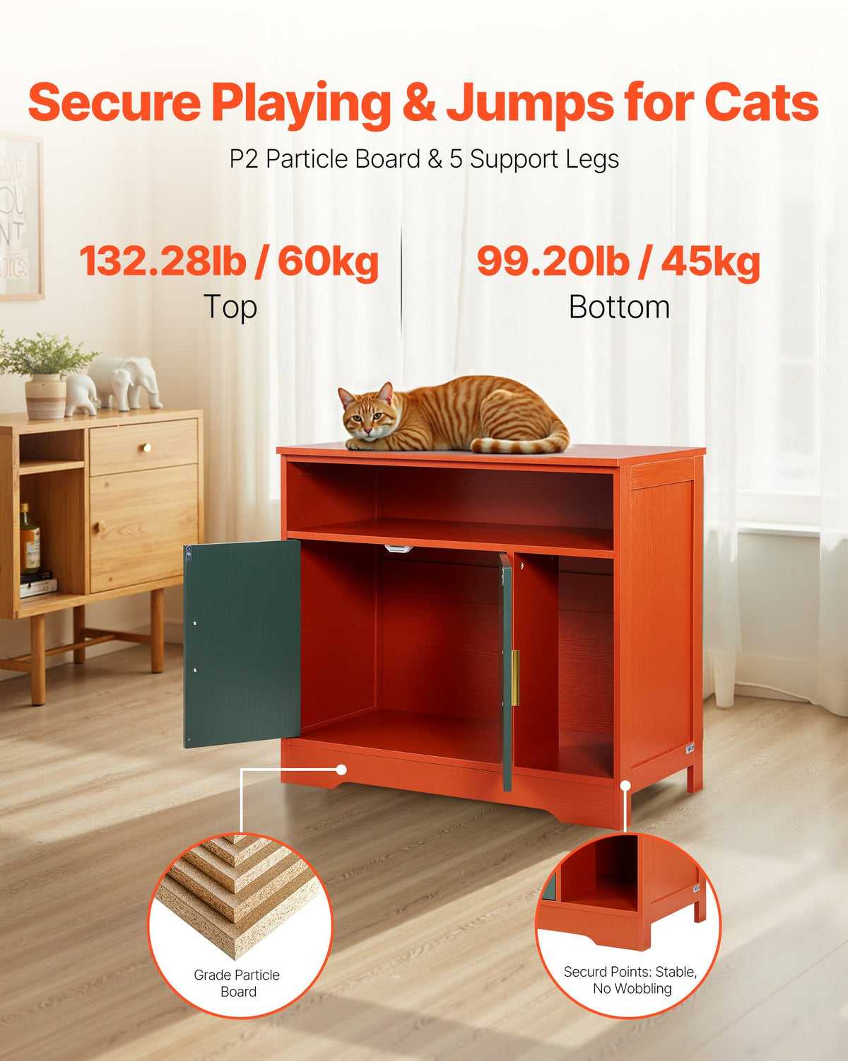 VEVOR Cat Litter Box Enclosure, 79.2 cm Hidden Litter Box Cabinet with Shelf & Storage, Modern Style Indoor Cat Washroom, Wooden Kitty House Furniture End Table, Fit Most Litterboxes, Red & Green