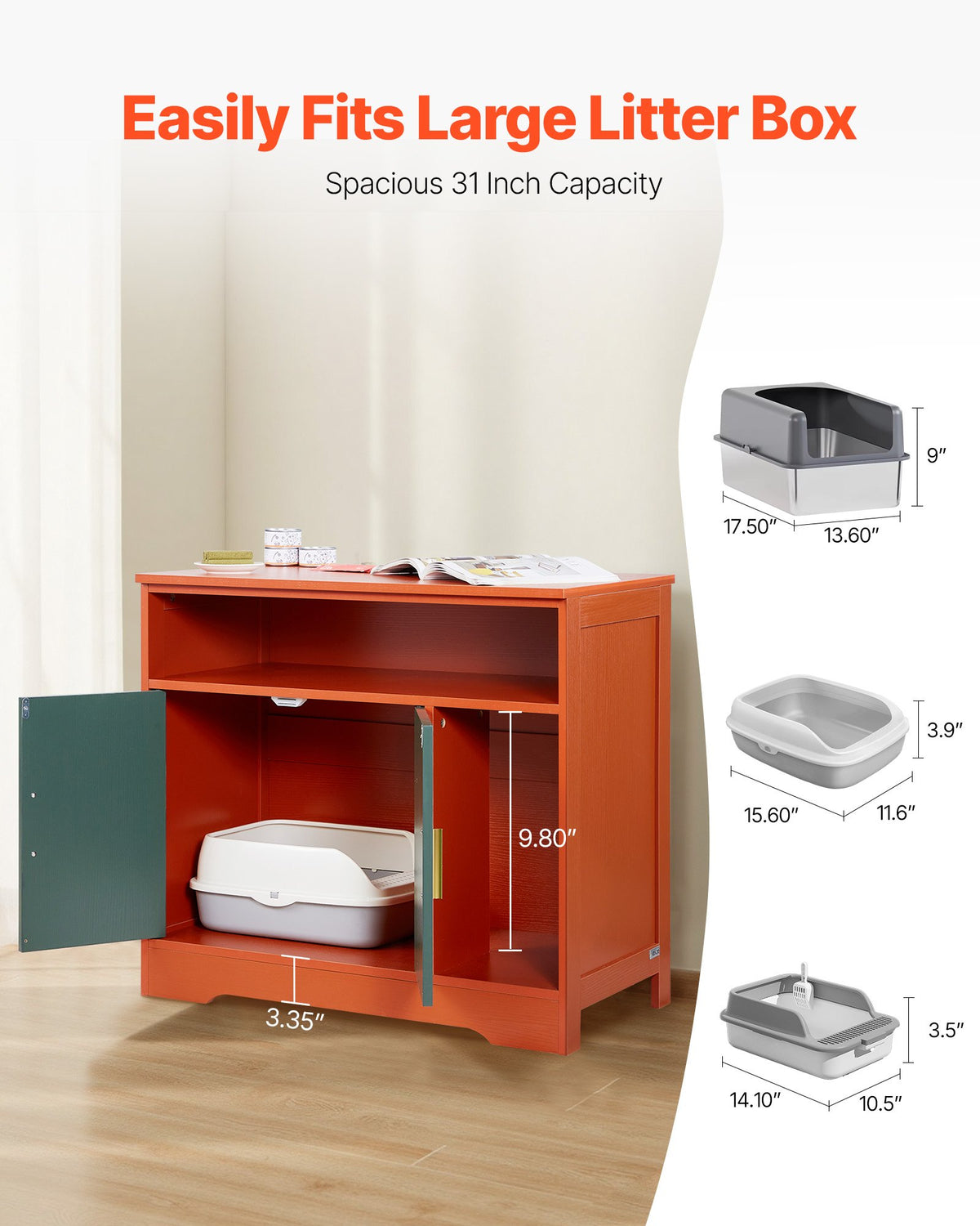 VEVOR Cat Litter Box Enclosure, 79.2 cm Hidden Litter Box Cabinet with Shelf & Storage, Modern Style Indoor Cat Washroom, Wooden Kitty House Furniture End Table, Fit Most Litterboxes, Red & Green