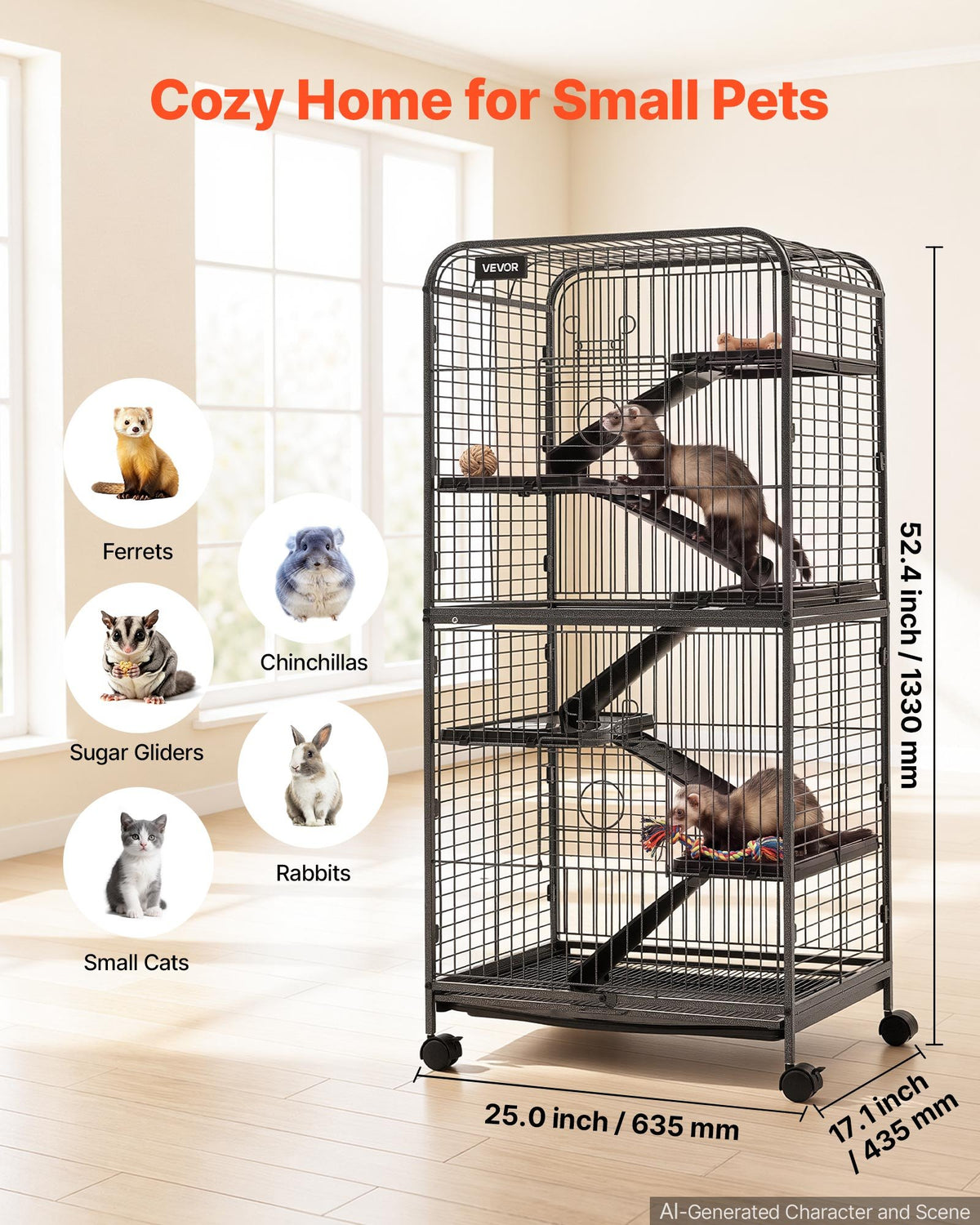 VEVOR Metal Small Animal Cage 133 cm 6-Tier Rolling Ferret Cage On Wheels, 25.4 mm Wire Spacing Large Cages with Ramps, Platform, Tray & Doors for Ferret, Chinchilla, Sugar Glider, Small Cat, Rabbit