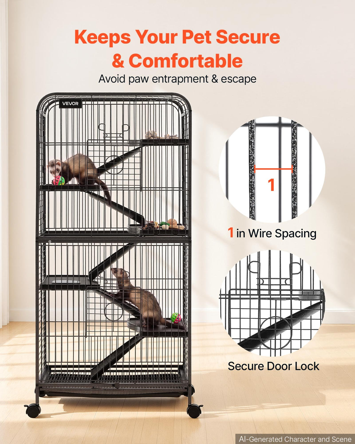 VEVOR Metal Small Animal Cage 133 cm 6-Tier Rolling Ferret Cage On Wheels, 25.4 mm Wire Spacing Large Cages with Ramps, Platform, Tray & Doors for Ferret, Chinchilla, Sugar Glider, Small Cat, Rabbit