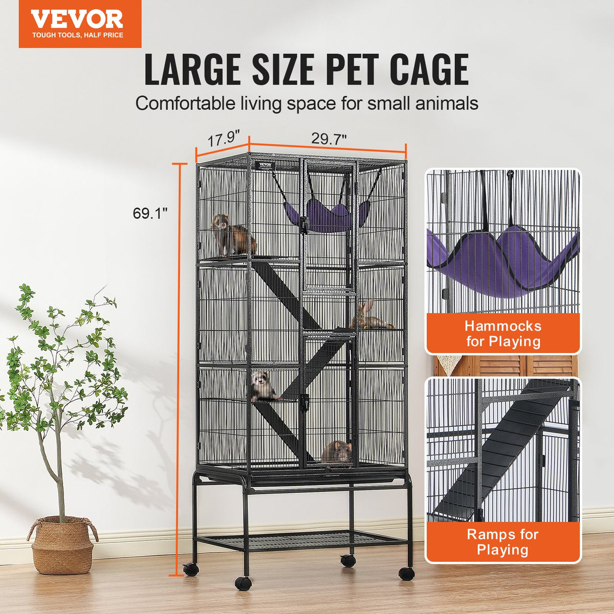 VEVOR 69" Rolling Metal Ferret Cage, Large 4-Tier Critter Nation Cage, Small Animal Cage with Ramps & Tray, Easy to Set up for Pet Rats, Hamster, Guinea Pig, Chinchilla, Squirrel, Hedgehogs, Bunny