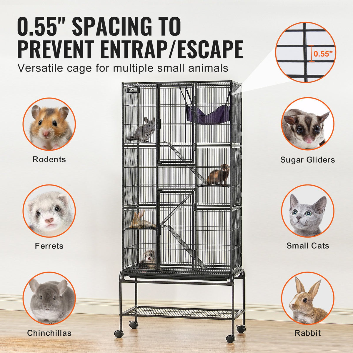 VEVOR 69" Rolling Metal Ferret Cage, Large 4-Tier Critter Nation Cage, Small Animal Cage with Ramps & Tray, Easy to Set up for Pet Rats, Hamster, Guinea Pig, Chinchilla, Squirrel, Hedgehogs, Bunny