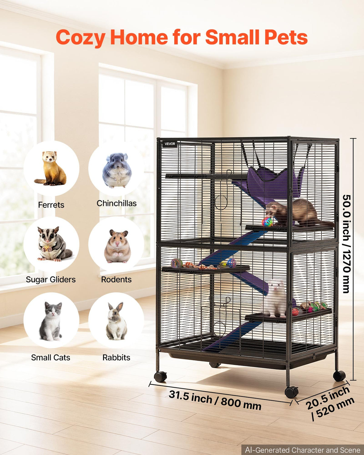 VEVOR Metal Small Animal Cage 127 cm 5-Tier Rolling Ferret Cage On Wheels, 13.97 mm Wire Spacing Large Cages with Hammock, Ramps, Tray & Doors for Ferret, Chinchilla, Sugar Glider, Guinea Pig, Rabbit