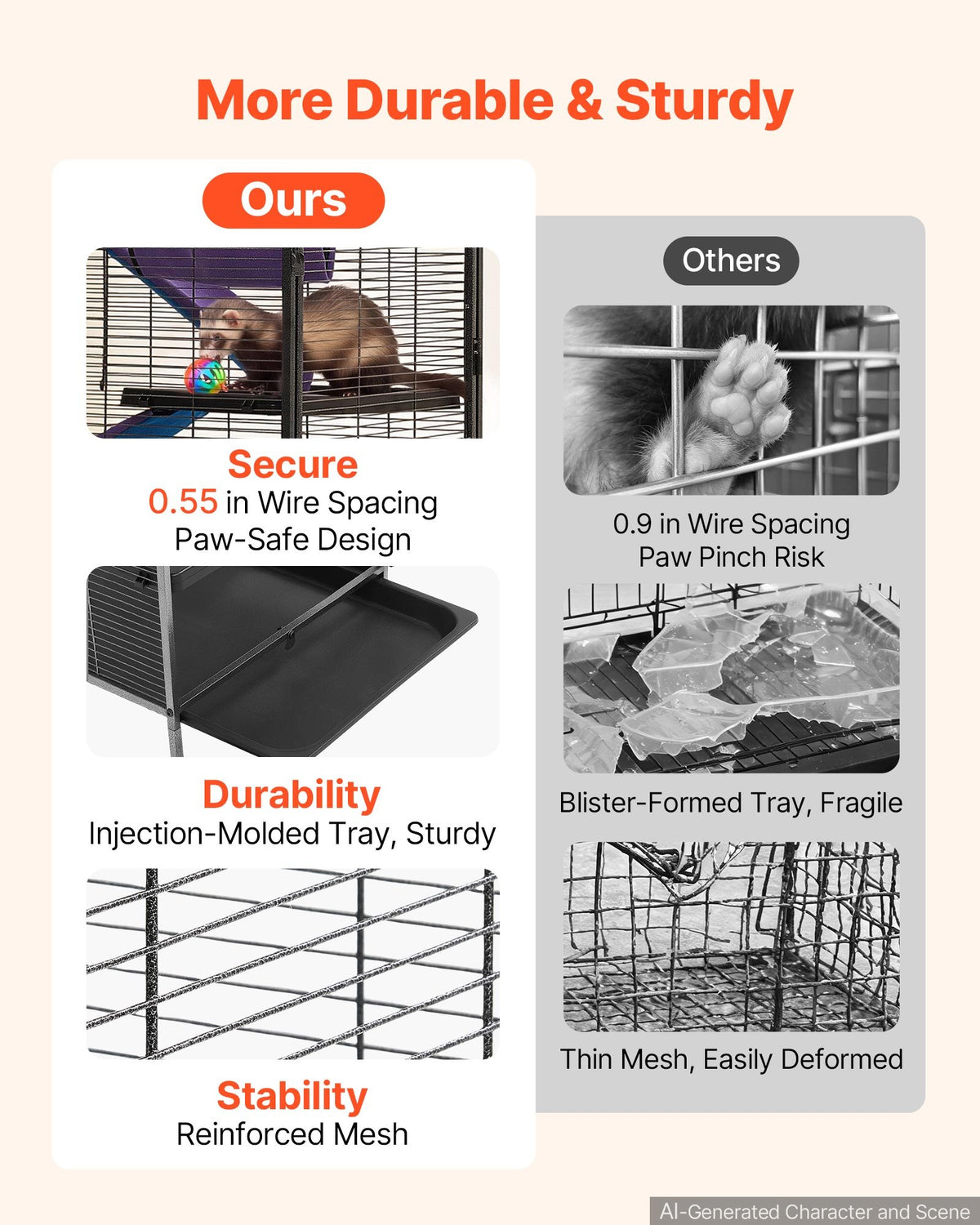 VEVOR Metal Small Animal Cage 127 cm 5-Tier Rolling Ferret Cage On Wheels, 13.97 mm Wire Spacing Large Cages with Hammock, Ramps, Tray & Doors for Ferret, Chinchilla, Sugar Glider, Guinea Pig, Rabbit