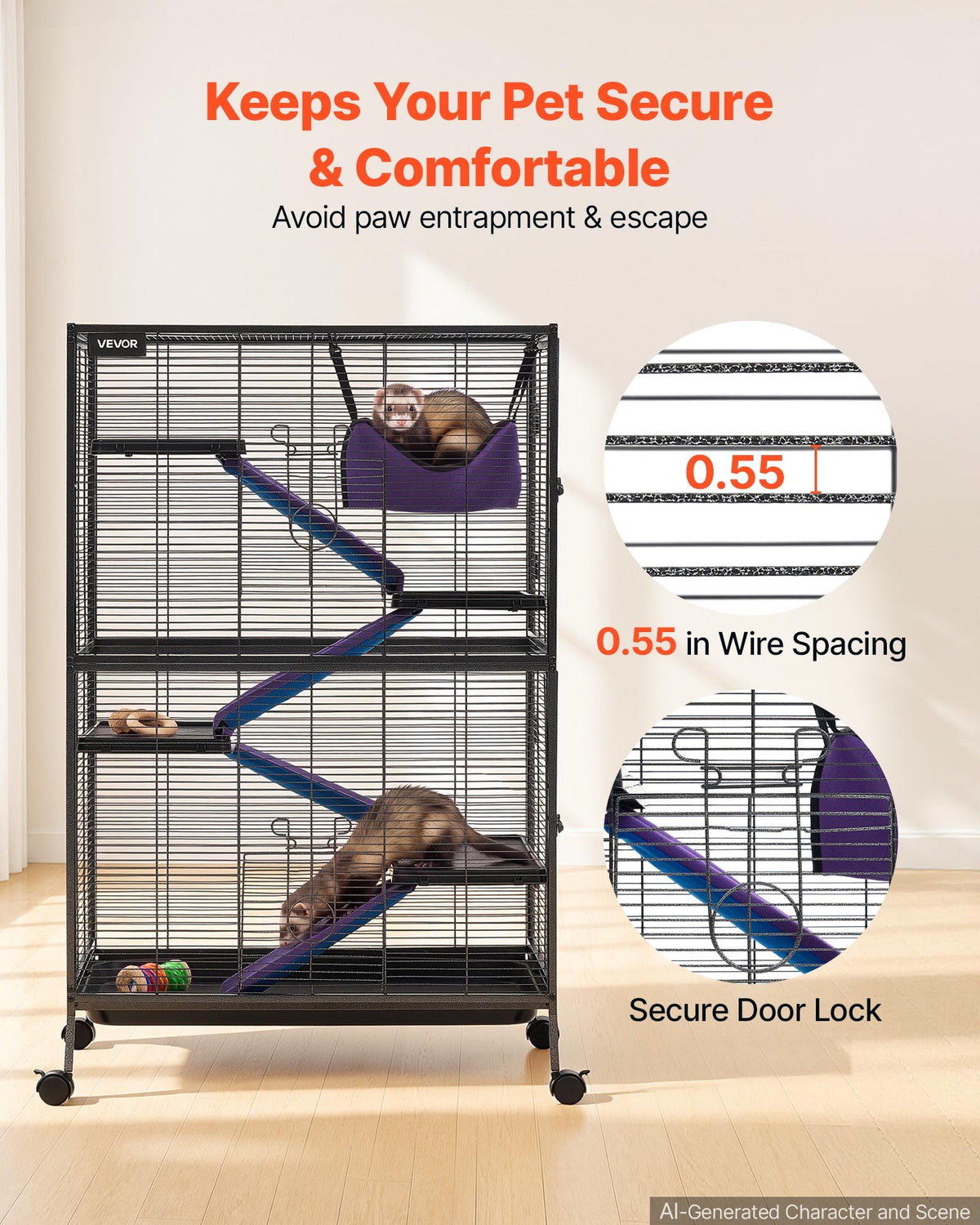 VEVOR Metal Small Animal Cage 127 cm 5-Tier Rolling Ferret Cage On Wheels, 13.97 mm Wire Spacing Large Cages with Hammock, Ramps, Tray & Doors for Ferret, Chinchilla, Sugar Glider, Guinea Pig, Rabbit