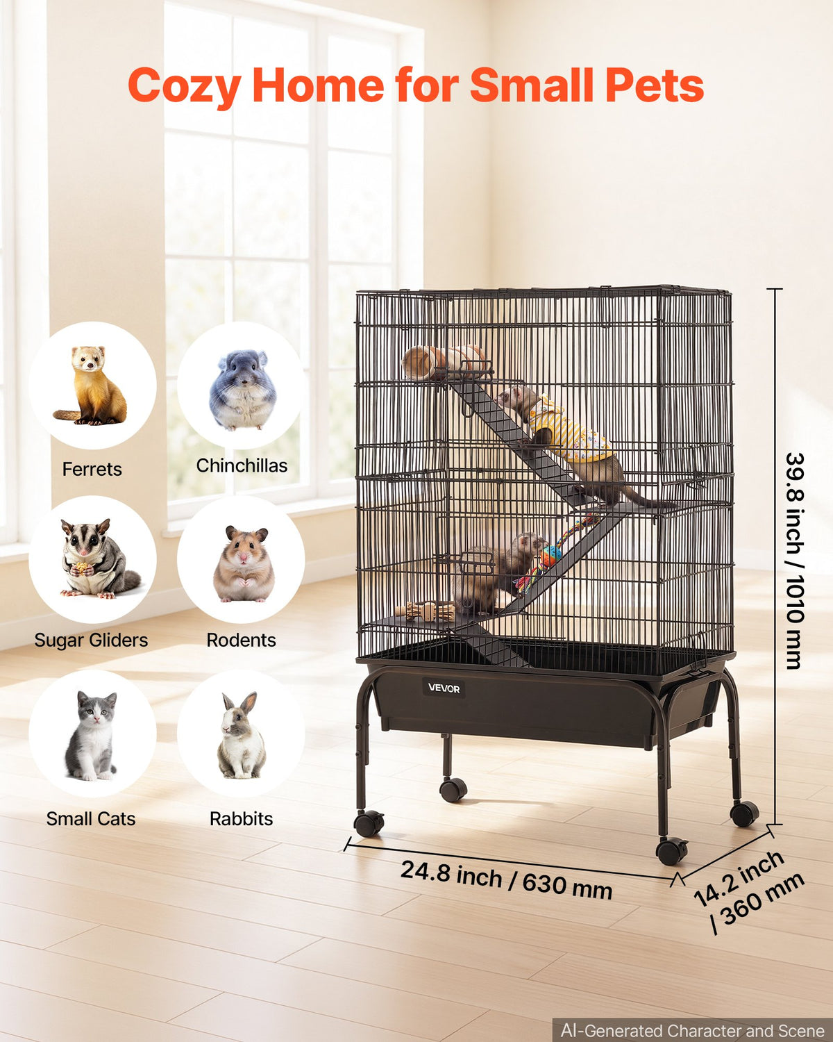 VEVOR Metal Small Animal Cage 101 cm 3-Tier Rolling Ferret Cage On Wheels, 13.97 mm Wire Spacing Large Cages with Hammock, Ramps, Tray & Doors for Ferret, Chinchilla, Sugar Glider, Guinea Pig, Rabbit