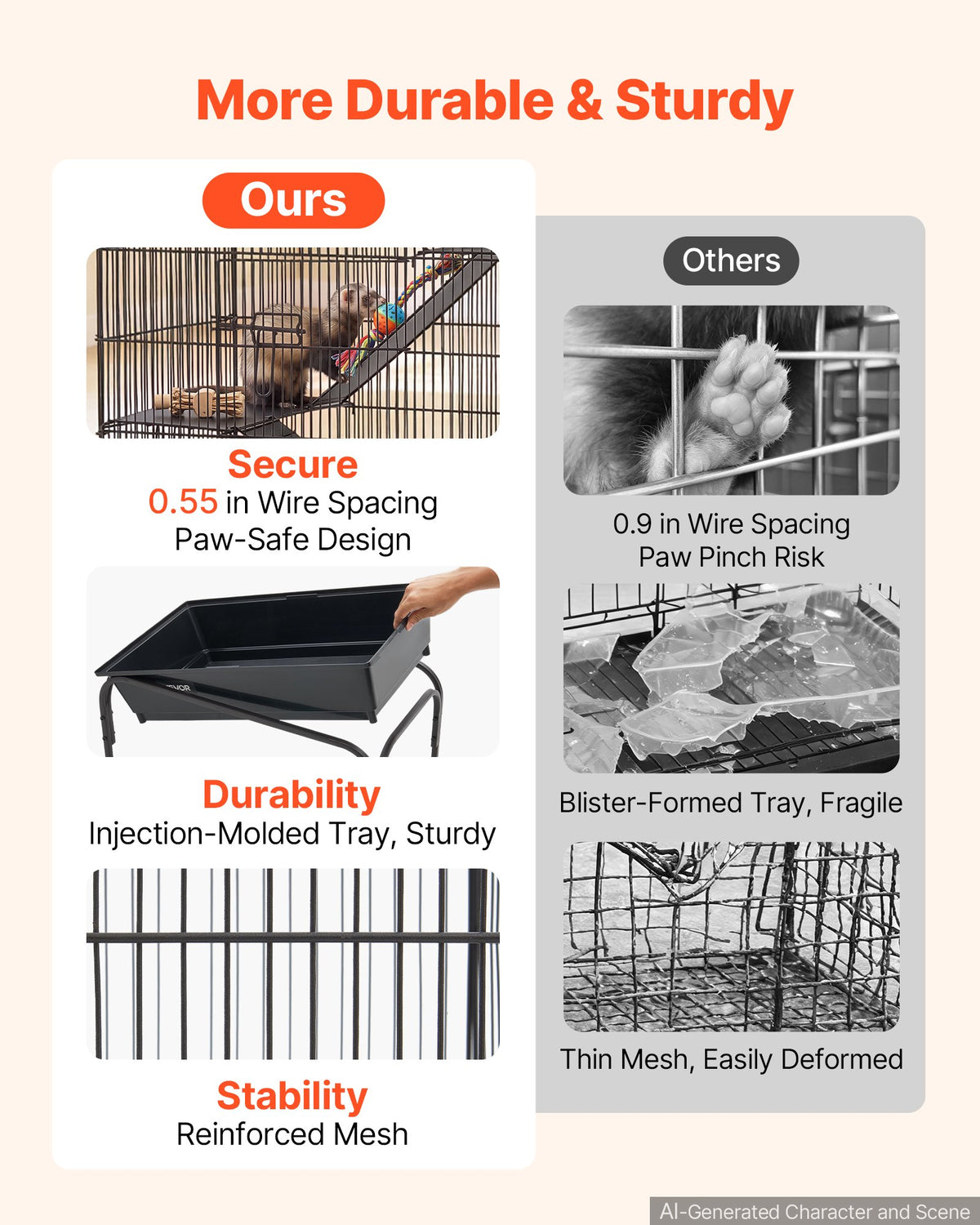 VEVOR Metal Small Animal Cage 101 cm 3-Tier Rolling Ferret Cage On Wheels, 13.97 mm Wire Spacing Large Cages with Hammock, Ramps, Tray & Doors for Ferret, Chinchilla, Sugar Glider, Guinea Pig, Rabbit