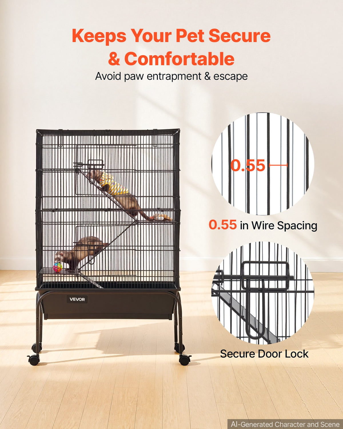 VEVOR Metal Small Animal Cage 101 cm 3-Tier Rolling Ferret Cage On Wheels, 13.97 mm Wire Spacing Large Cages with Hammock, Ramps, Tray & Doors for Ferret, Chinchilla, Sugar Glider, Guinea Pig, Rabbit