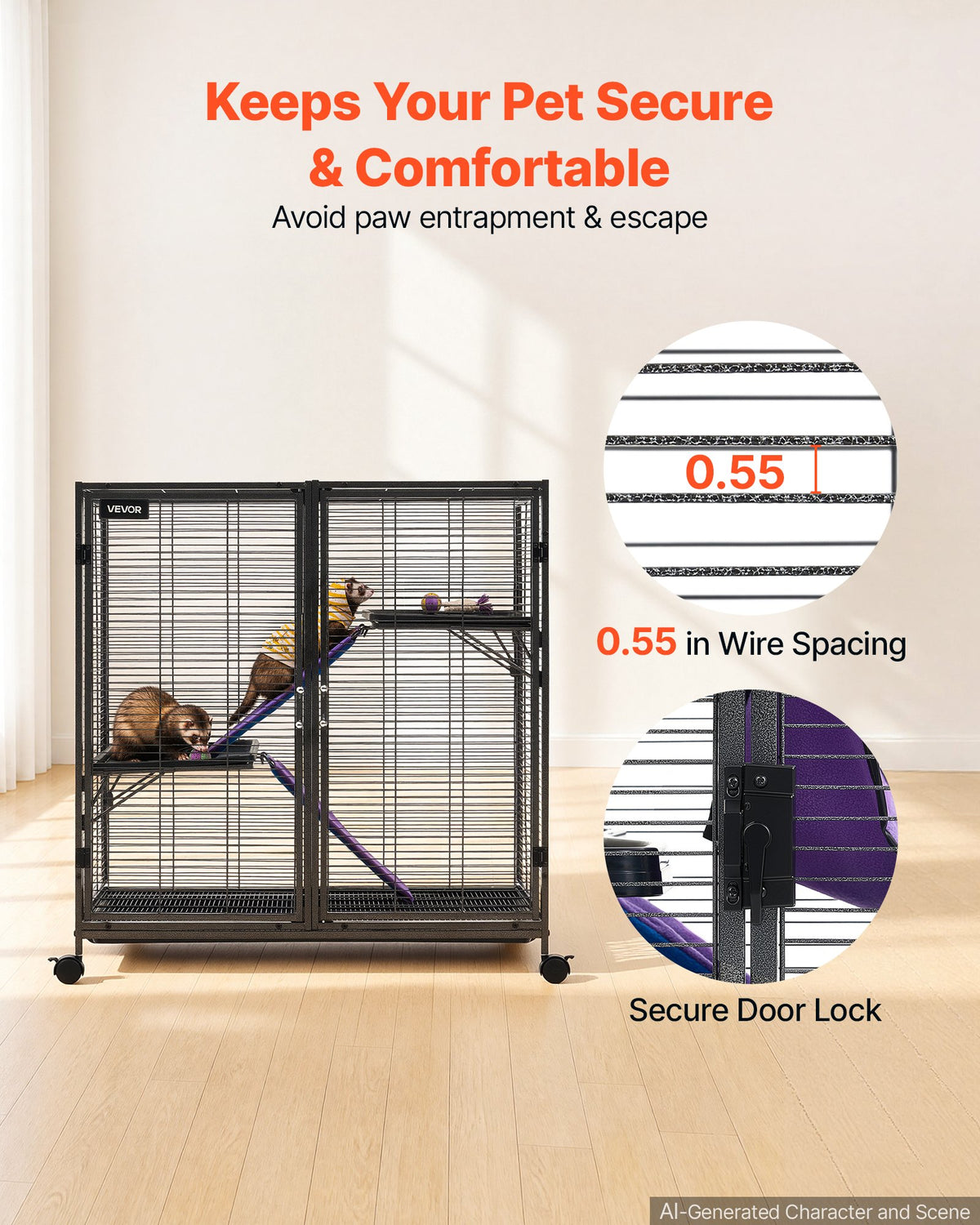 VEVOR Metal Small Animal Cage 96 cm 3-Tier Rolling Ferret Cage On Wheels, 13.97 mm Wire Spacing Large Cages with Ramps, Platform, Tray & Doors for Ferret, Chinchilla, Sugar Glider, Guinea Pig, Rabbit