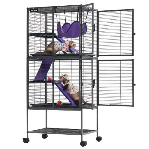VEVOR Metal Small Animal Cage 138 cm 4-Tier Rolling Ferret Cage On Wheels, 13.97 mm Wire Spacing Large Cages with Hammock, Ramps, Tray & Doors for Ferret, Chinchilla, Sugar Glider, Guinea Pig, Rabbit