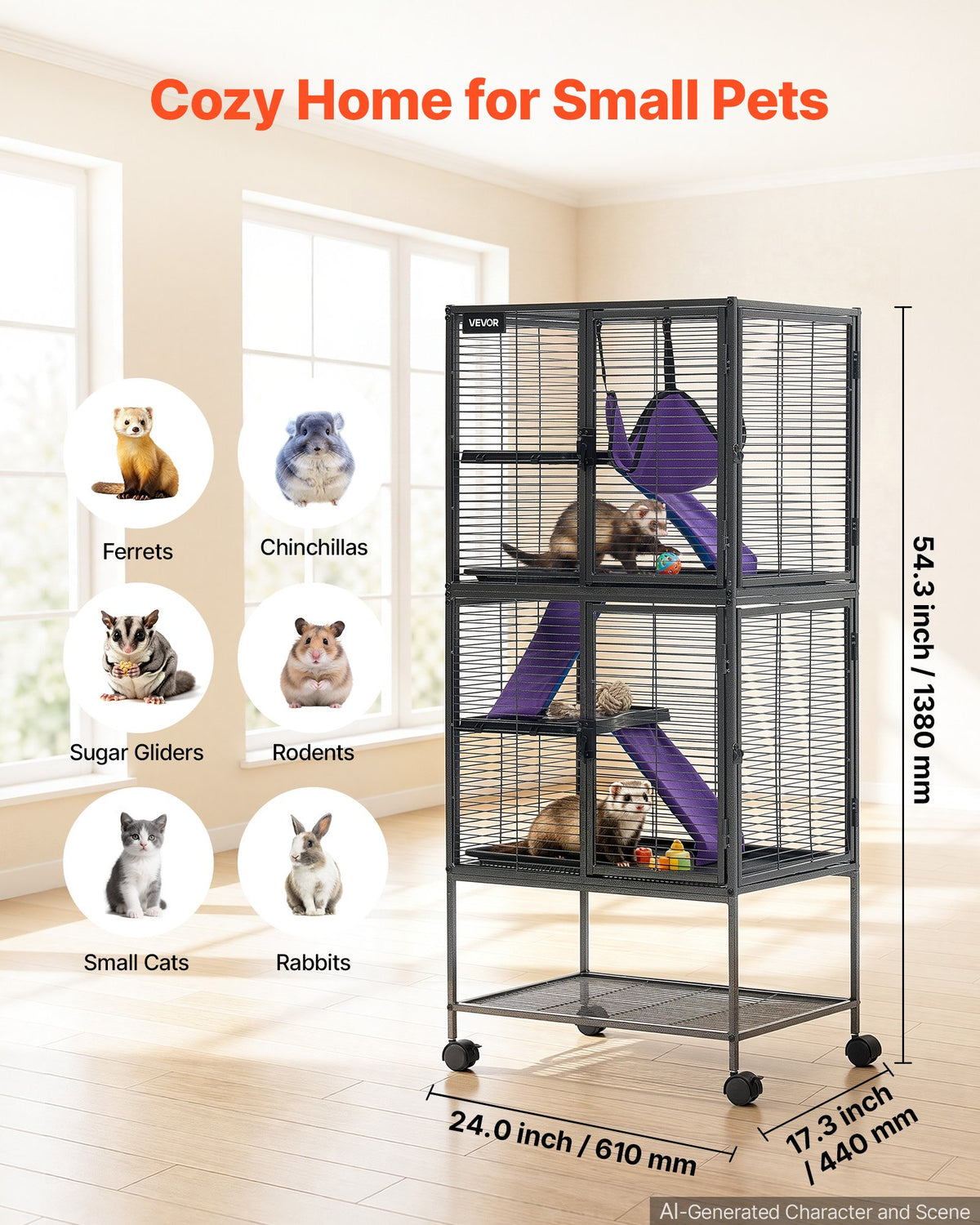 VEVOR Metal Small Animal Cage 138 cm 4-Tier Rolling Ferret Cage On Wheels, 13.97 mm Wire Spacing Large Cages with Hammock, Ramps, Tray & Doors for Ferret, Chinchilla, Sugar Glider, Guinea Pig, Rabbit