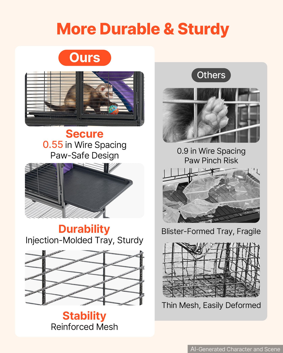 VEVOR Metal Small Animal Cage 138 cm 4-Tier Rolling Ferret Cage On Wheels, 13.97 mm Wire Spacing Large Cages with Hammock, Ramps, Tray & Doors for Ferret, Chinchilla, Sugar Glider, Guinea Pig, Rabbit