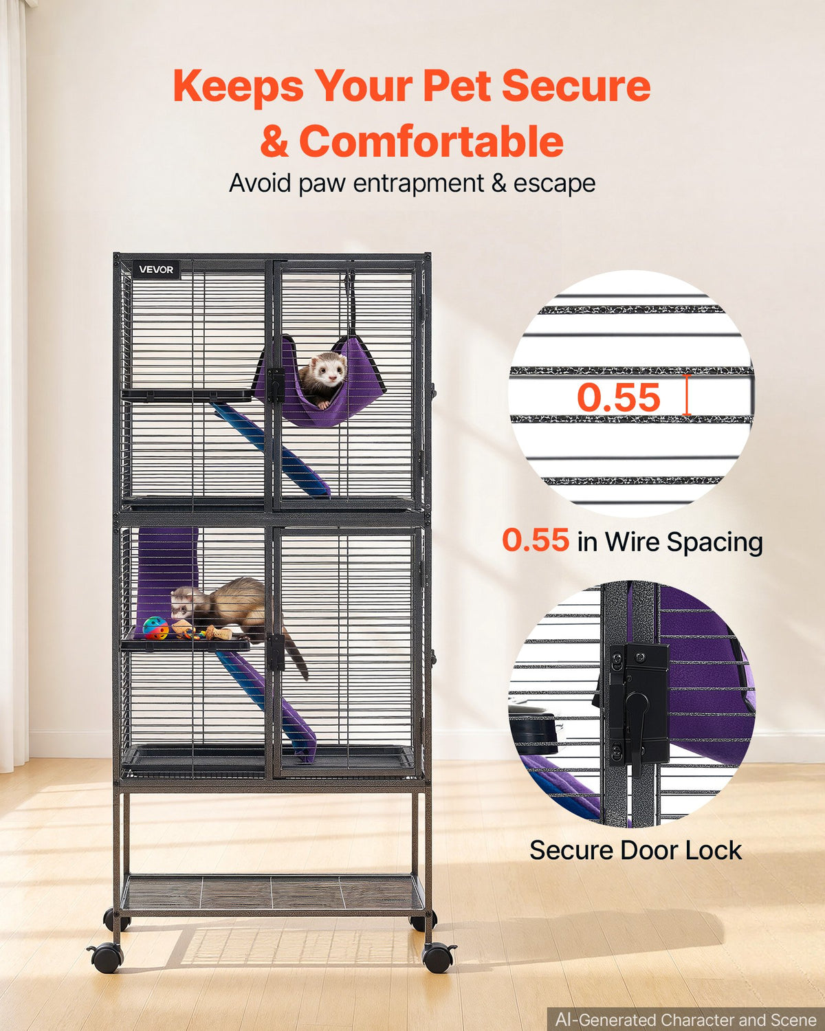 VEVOR Metal Small Animal Cage 138 cm 4-Tier Rolling Ferret Cage On Wheels, 13.97 mm Wire Spacing Large Cages with Hammock, Ramps, Tray & Doors for Ferret, Chinchilla, Sugar Glider, Guinea Pig, Rabbit