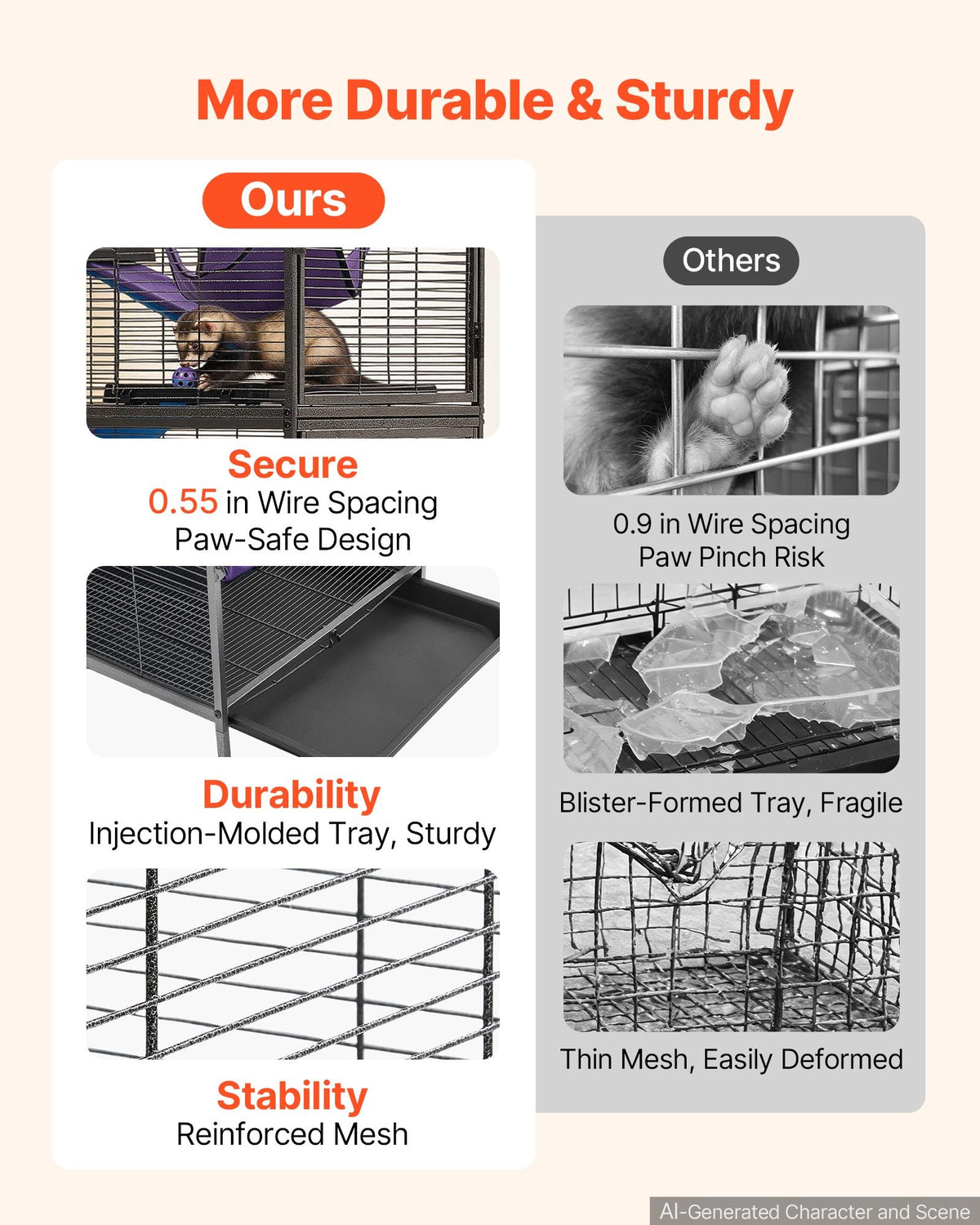 VEVOR Metal Small Animal Cage 149 cm 6-Tier Rolling Ferret Cage On Wheels, 13.97 mm Wire Spacing Large Cages with Hammock, Ramps, Tray & Doors for Ferret, Chinchilla, Sugar Glider, Guinea Pig, Rabbit