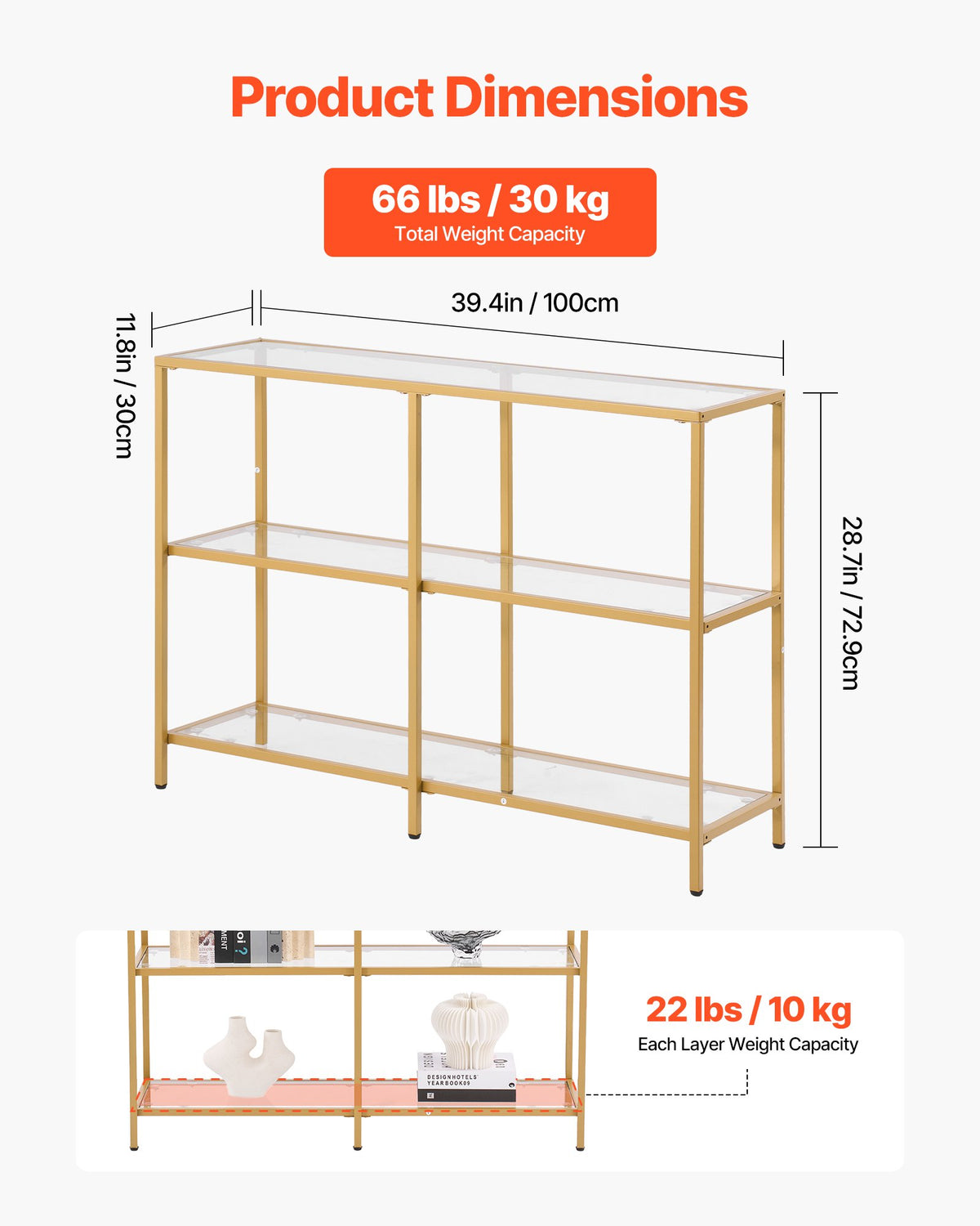 VEVOR 3-Tier Glass Console Table