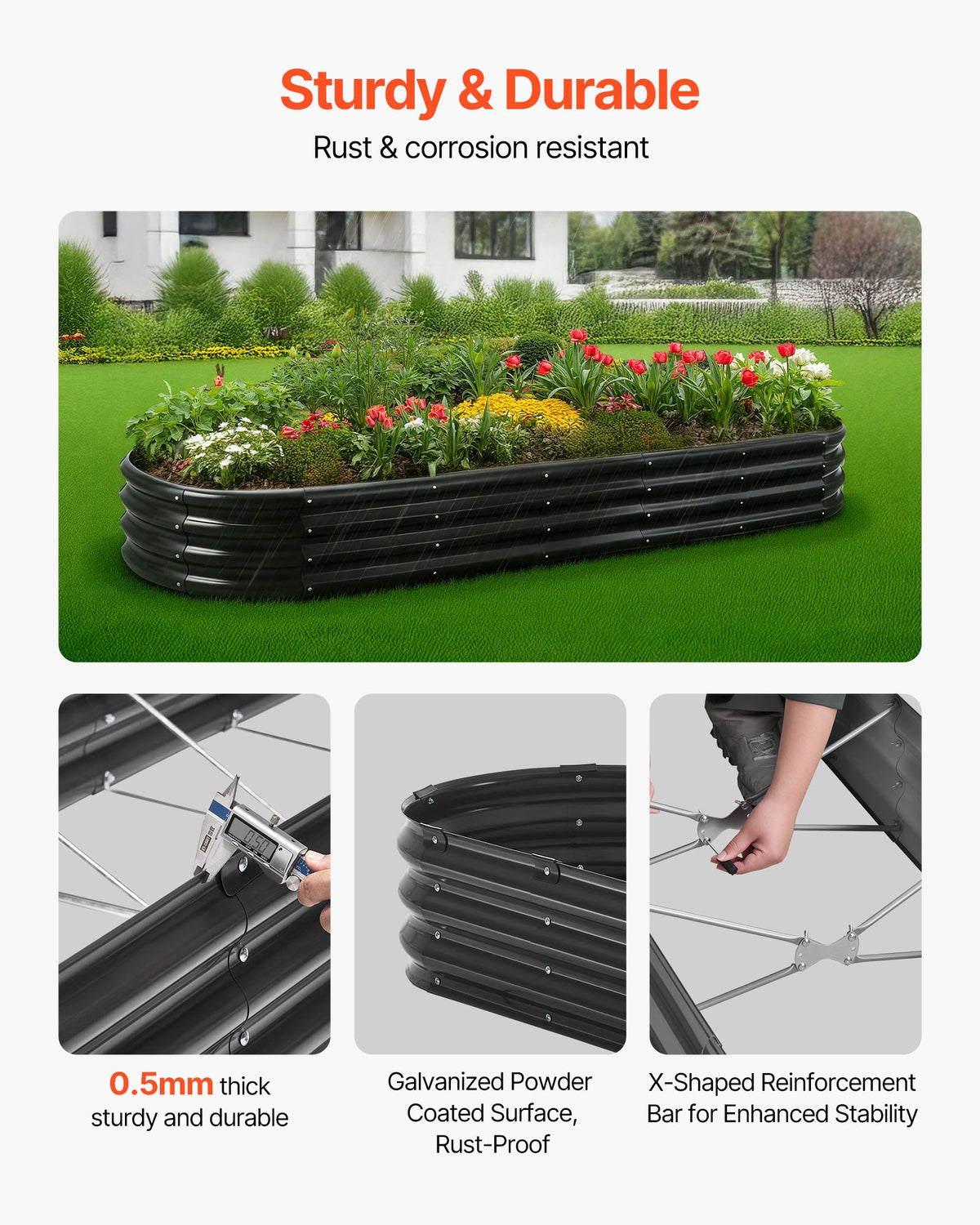 VEVOR Metal Raised Garden Bed, 2.4 x 0.6 x 0.3 m Oval Outdoor Galvanized Planter Garden Box, Open Bottom Design, Large Planter Raised Bed for Growing Vegetables, Flowers, Herbs, Succulents, Dark Gray