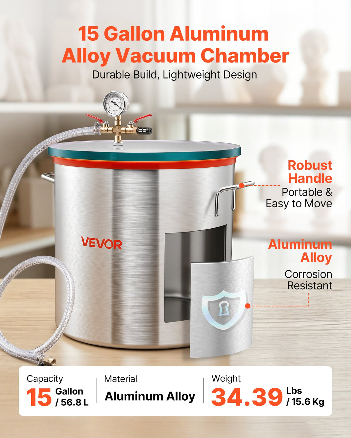 VEVOR 56.8 L Vacuum Chamber, Aluminum Alloy, Vacuum Degassing Chamber with Tempered Glass Lid, Hose, Air Filter, for Resin Casting, Stabilizing Wood, Degassing Silicone, Epoxies, Essential Oils