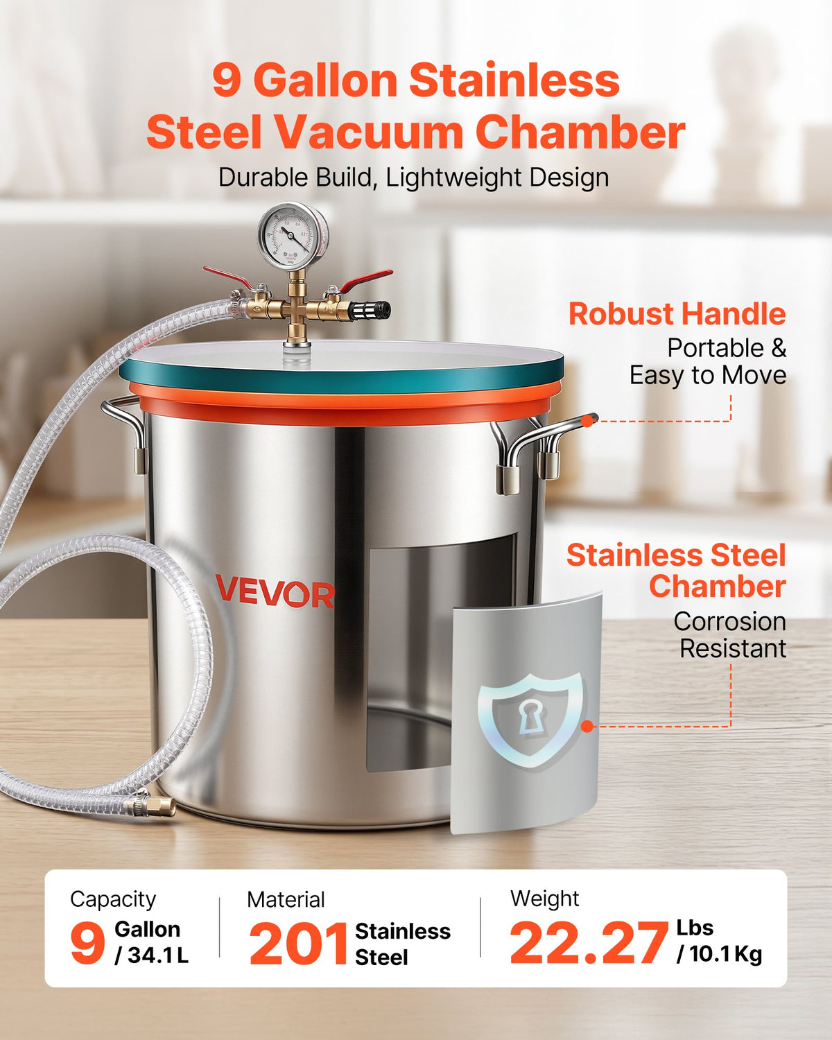 VEVOR 34.1 L Vacuum Chamber, Stainless Steel, Vacuum Degassing Chamber with Tempered Glass Lid, Hose, Air Filter, Ideal for Resin Casting, Stabilizing Wood, Degassing Silicone, Epoxies, Essential Oils
