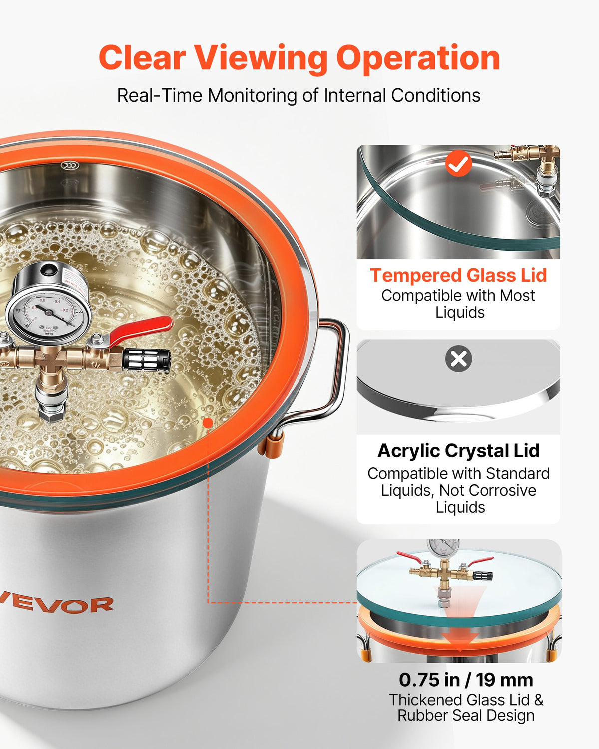 VEVOR 34.1 L Vacuum Chamber, Stainless Steel, Vacuum Degassing Chamber with Tempered Glass Lid, Hose, Air Filter, Ideal for Resin Casting, Stabilizing Wood, Degassing Silicone, Epoxies, Essential Oils
