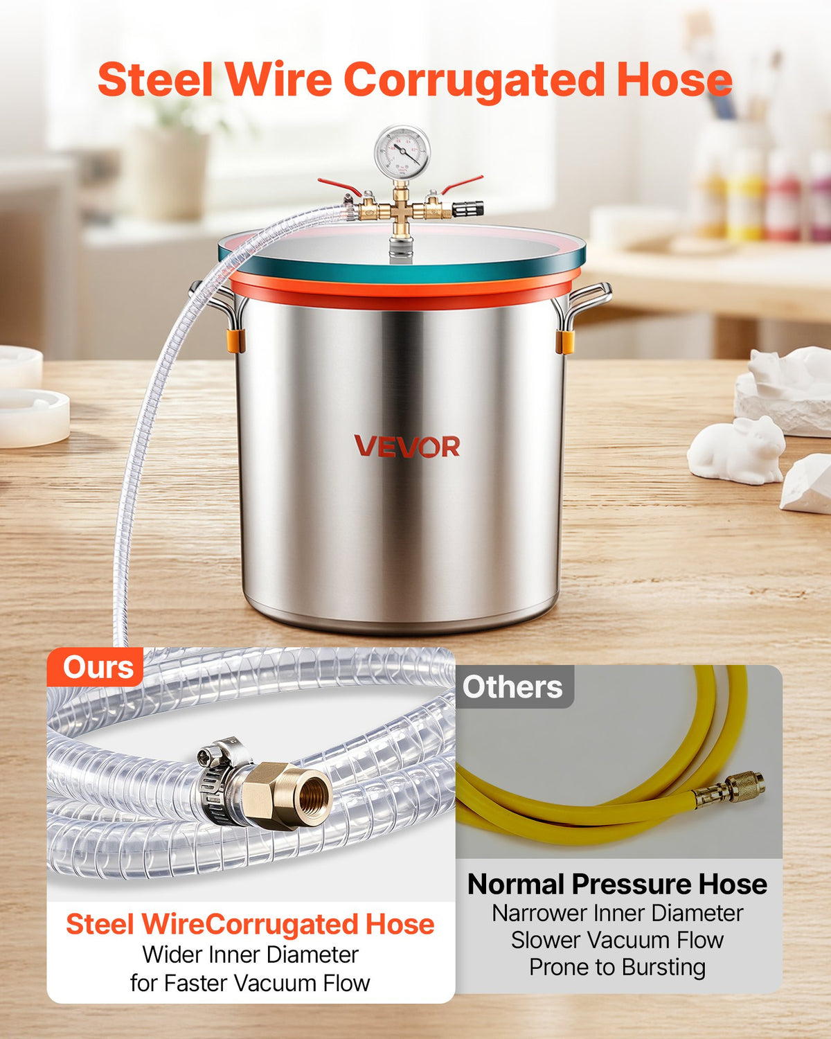 VEVOR 34.1 L Vacuum Chamber, Stainless Steel, Vacuum Degassing Chamber with Tempered Glass Lid, Hose, Air Filter, Ideal for Resin Casting, Stabilizing Wood, Degassing Silicone, Epoxies, Essential Oils