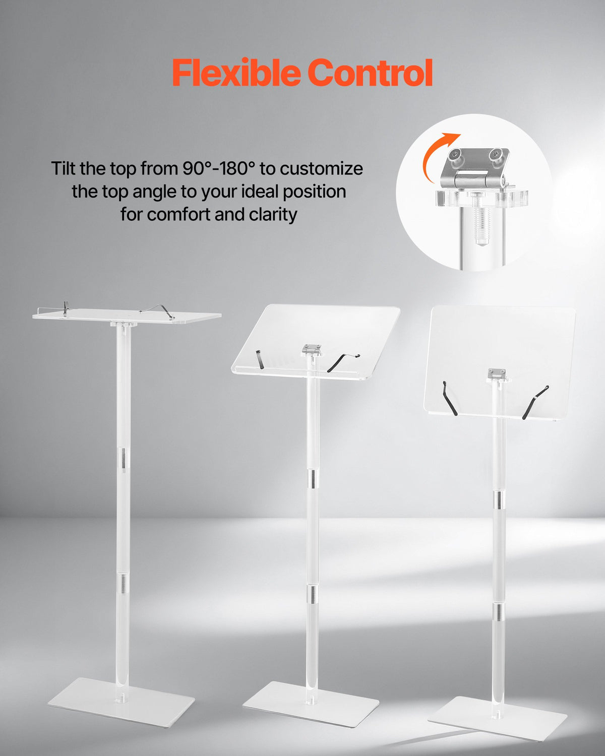 VEVOR Podium Stand, 1100 mm Acrylic Lectern, Portable Laptop Desk with Wide Reading Surface, Book Clips, Adjustable Angle, Floor-Standing, for Classroom, Wedding, Conference, Lecture and Concert