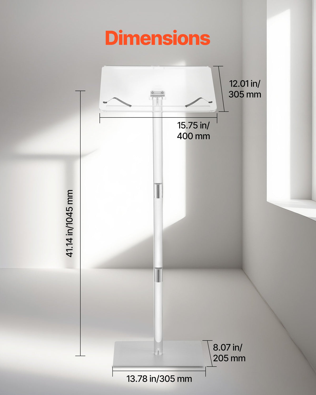 VEVOR Podium Stand, 1100 mm Acrylic Lectern, Portable Laptop Desk with Wide Reading Surface, Book Clips, Adjustable Angle, Floor-Standing, for Classroom, Wedding, Conference, Lecture and Concert