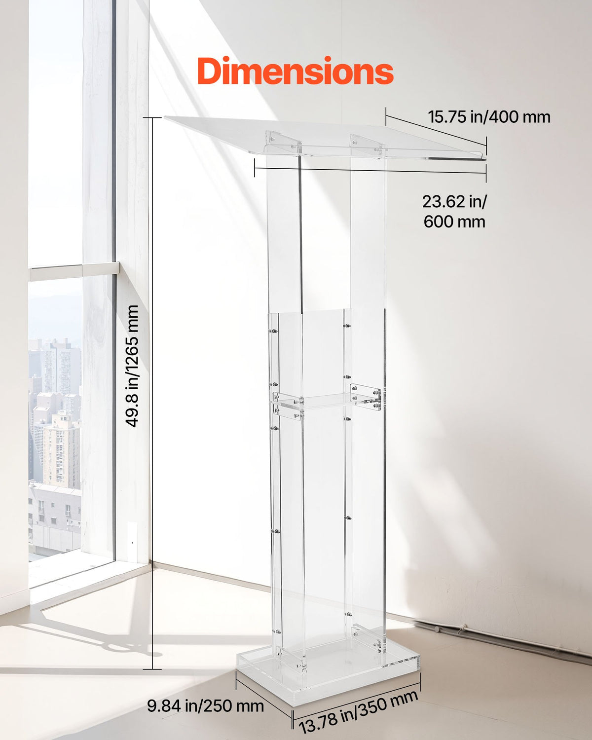 VEVOR Podium Stand, 1265 mm Acrylic Lectern, Portable Laptop Desk with Wide Reading Surface and Storage Shelf, Book Stopper, Floor-Standing, for Classroom, Wedding, Conference, Lecture and Concert