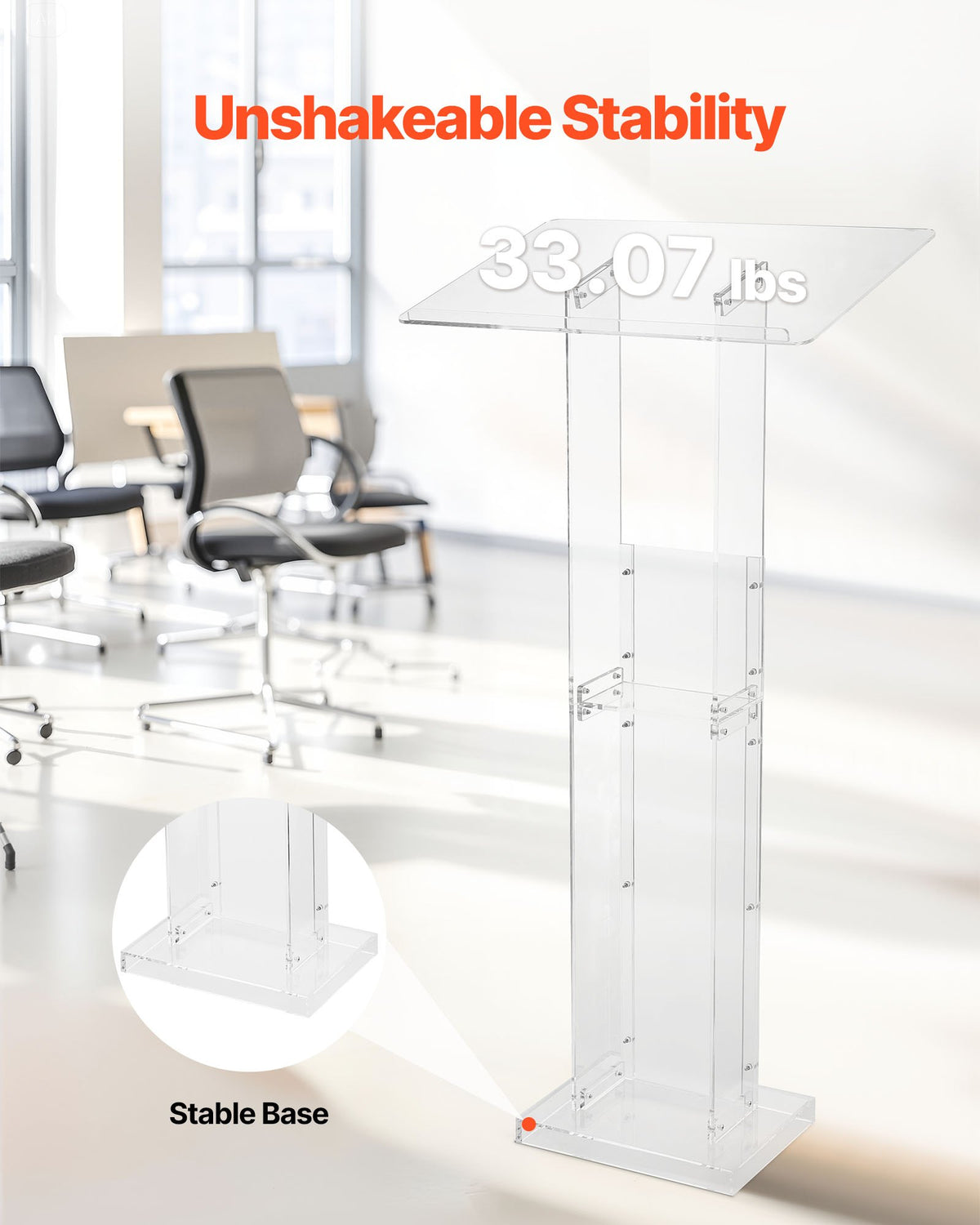 VEVOR Podium Stand, 1265 mm Acrylic Lectern, Portable Laptop Desk with Wide Reading Surface and Storage Shelf, Book Stopper, Floor-Standing, for Classroom, Wedding, Conference, Lecture and Concert