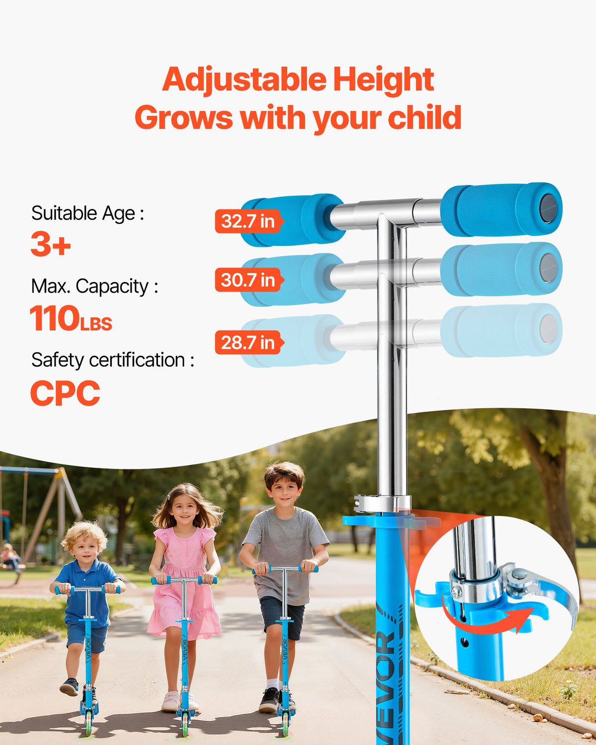 VEVOR Kick Scooter for Kids Ages 3+, 2-Wheel Toddler Scooter with Light-Up Wheels, Adjustable Height Handlebar, Wide Anti-Slip Deck, Foldable Lightweight Frame for Boys and Girls up to 49.9 kg, Blue