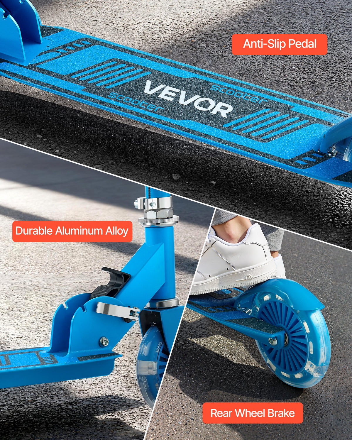 VEVOR Kick Scooter for Kids Ages 3+, 2-Wheel Toddler Scooter with Light-Up Wheels, Adjustable Height Handlebar, Wide Anti-Slip Deck, Foldable Lightweight Frame for Boys and Girls up to 49.9 kg, Blue