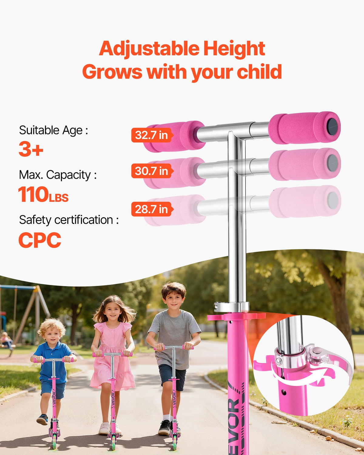 VEVOR Kick Scooter for Kids Ages 3+, 2-Wheel Toddler Scooter with Light-Up Wheels, Adjustable Height Handlebar, Wide Anti-Slip Deck, Foldable Lightweight Frame for Boys and Girls up to 49.9 kg, Pink