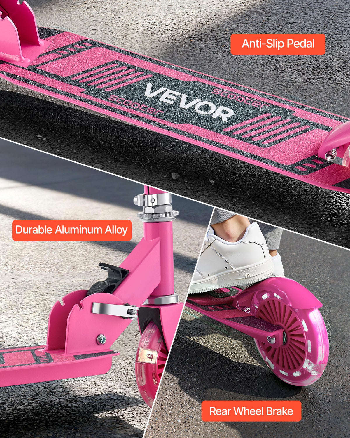 VEVOR Kick Scooter for Kids Ages 3+, 2-Wheel Toddler Scooter with Light-Up Wheels, Adjustable Height Handlebar, Wide Anti-Slip Deck, Foldable Lightweight Frame for Boys and Girls up to 49.9 kg, Pink