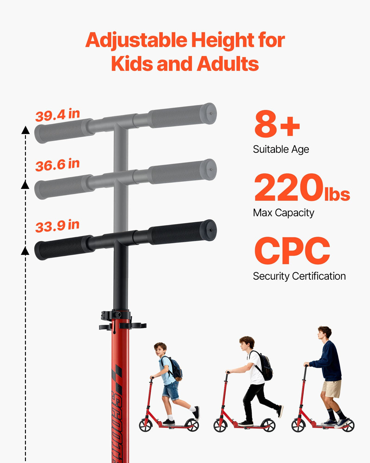 VEVOR Kick Scooter for Kids Ages 8+, Teens & Adults, 2-Wheel Toddler Scooter with Adjustable Height Handlebar, Wide Anti-Slip Deck, Foldable Lightweight for Boys & Girls up to 99.8 kg, Red + Black
