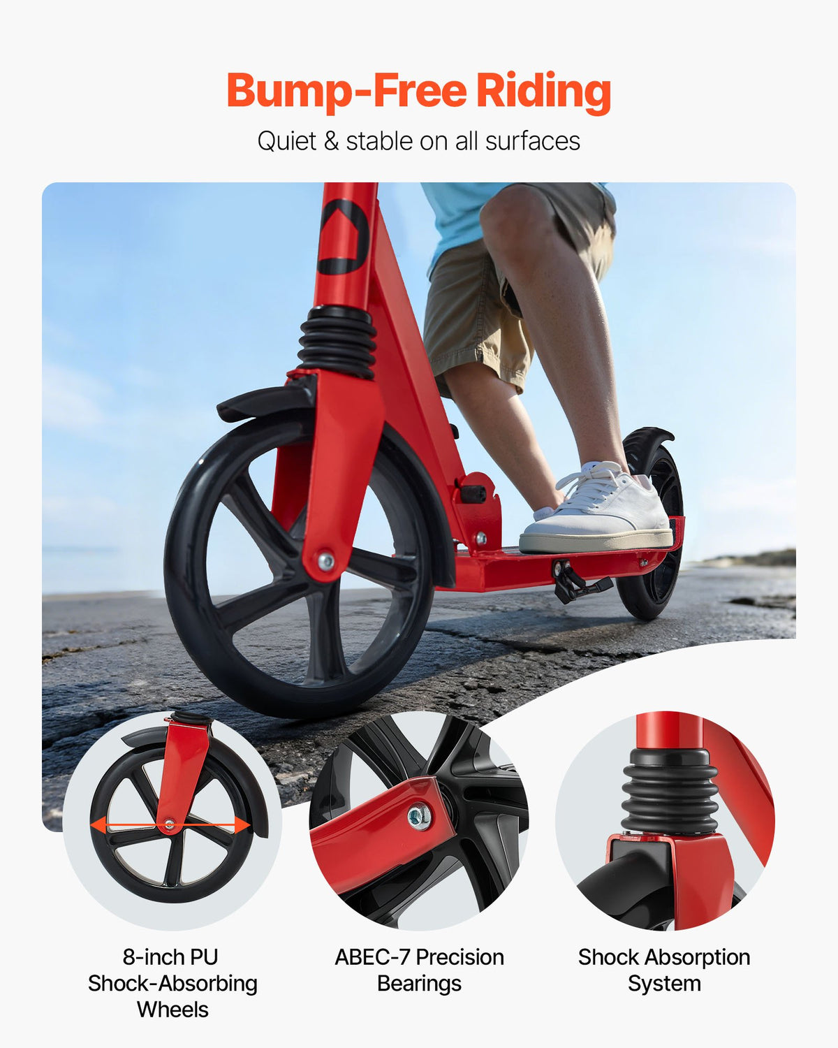 VEVOR Kick Scooter for Kids Ages 8+, Teens & Adults, 2-Wheel Toddler Scooter with Adjustable Height Handlebar, Wide Anti-Slip Deck, Foldable Lightweight for Boys & Girls up to 99.8 kg, Red + Black