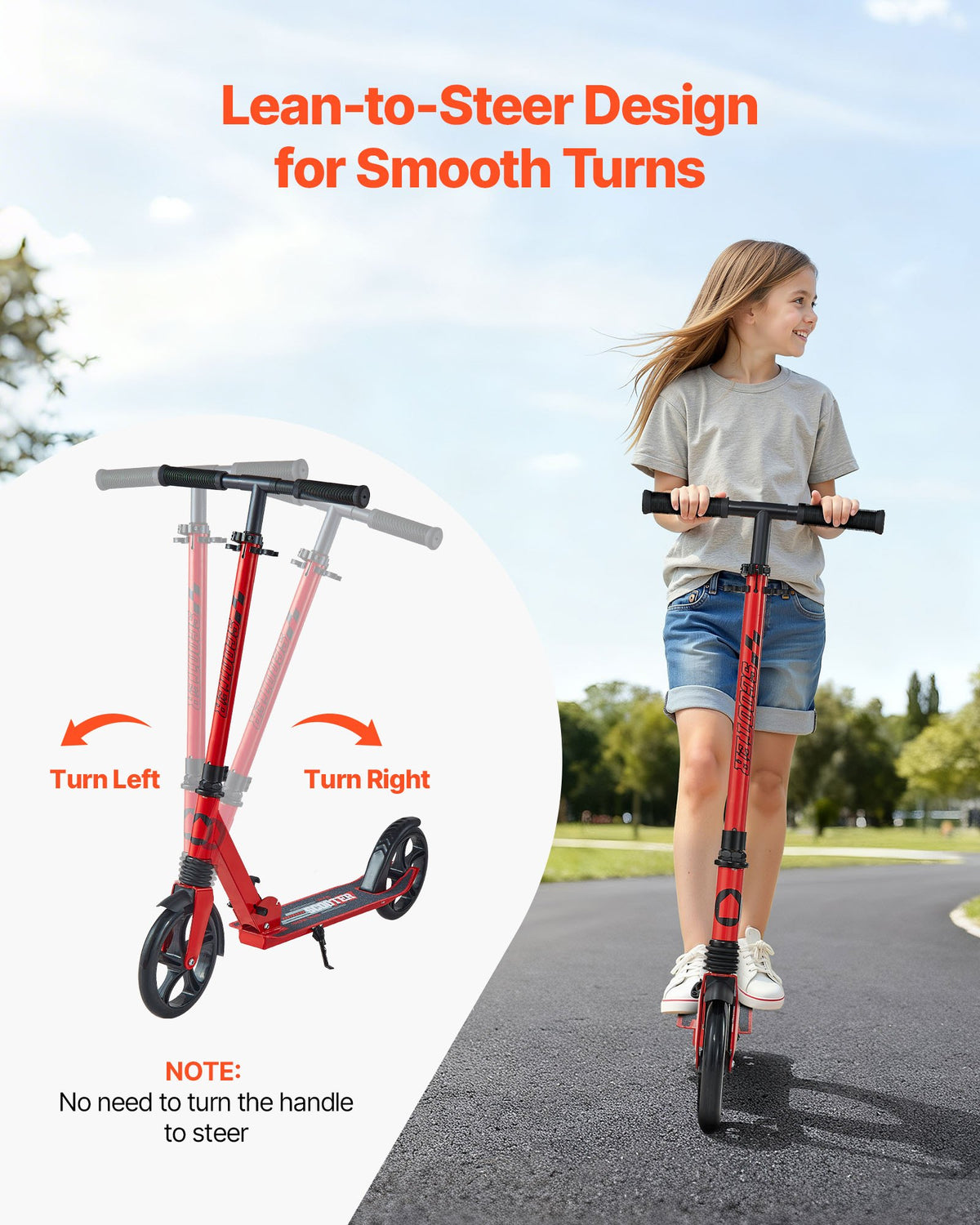 VEVOR Kick Scooter for Kids Ages 8+, Teens & Adults, 2-Wheel Toddler Scooter with Adjustable Height Handlebar, Wide Anti-Slip Deck, Foldable Lightweight for Boys & Girls up to 99.8 kg, Red + Black