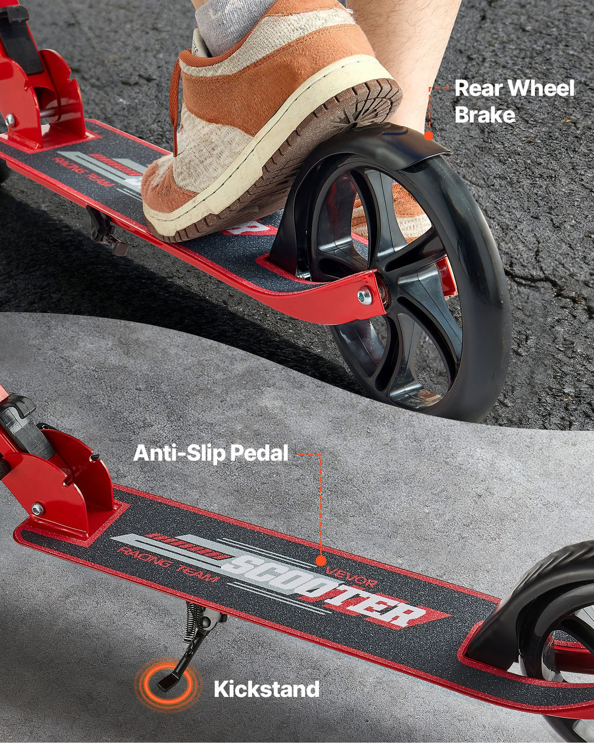 VEVOR Kick Scooter for Kids Ages 8+, Teens & Adults, 2-Wheel Toddler Scooter with Adjustable Height Handlebar, Wide Anti-Slip Deck, Foldable Lightweight for Boys & Girls up to 99.8 kg, Red + Black