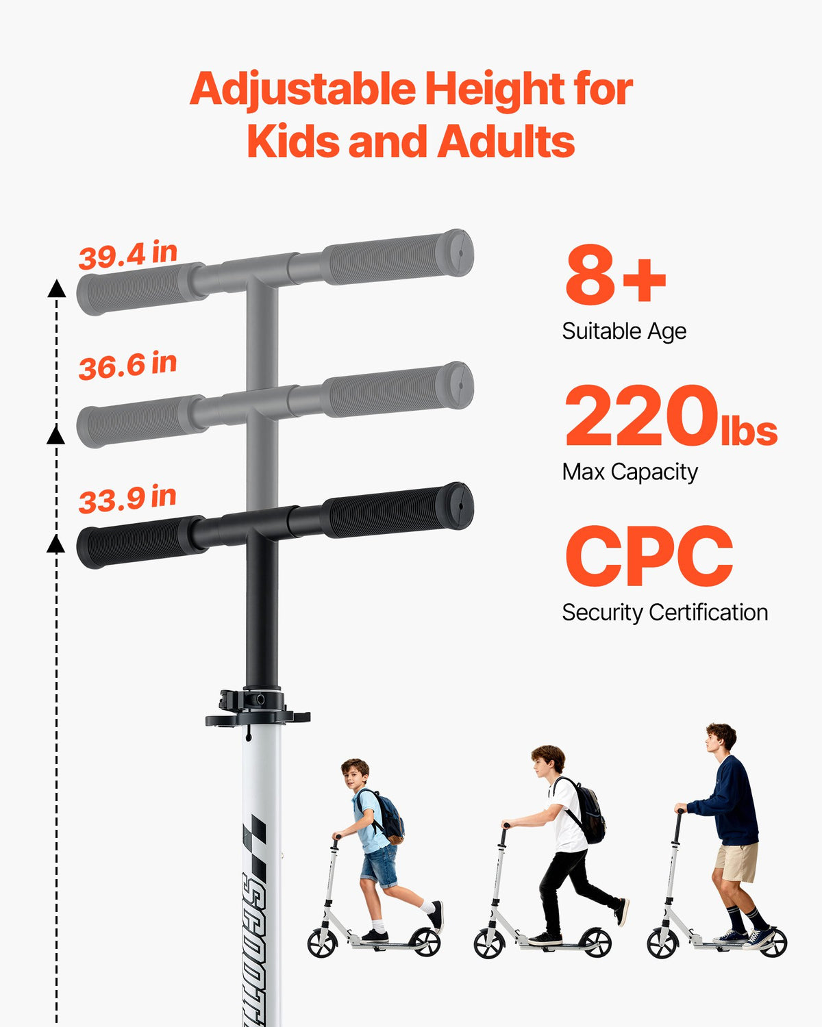 VEVOR Kick Scooter for Kids Ages 8+, Teens & Adults, 2-Wheel Toddler Scooter with Adjustable Height Handlebar, Wide Anti-Slip Deck, Foldable Lightweight for Boys & Girls up to 99.8 kg, White + Black