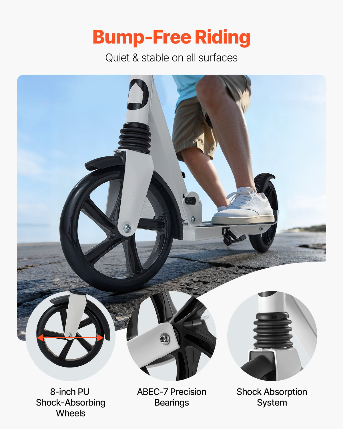 VEVOR Kick Scooter for Kids Ages 8+, Teens & Adults, 2-Wheel Toddler Scooter with Adjustable Height Handlebar, Wide Anti-Slip Deck, Foldable Lightweight for Boys & Girls up to 99.8 kg, White + Black