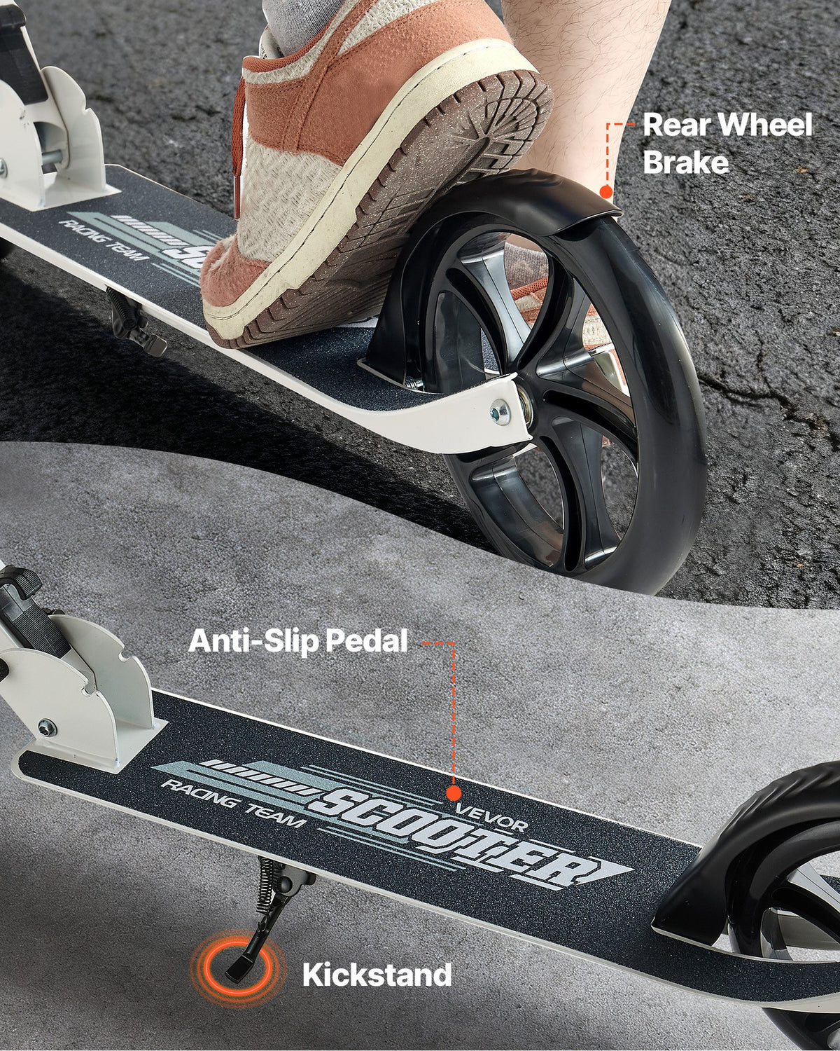 VEVOR Kick Scooter for Kids Ages 8+, Teens & Adults, 2-Wheel Toddler Scooter with Adjustable Height Handlebar, Wide Anti-Slip Deck, Foldable Lightweight for Boys & Girls up to 99.8 kg, White + Black